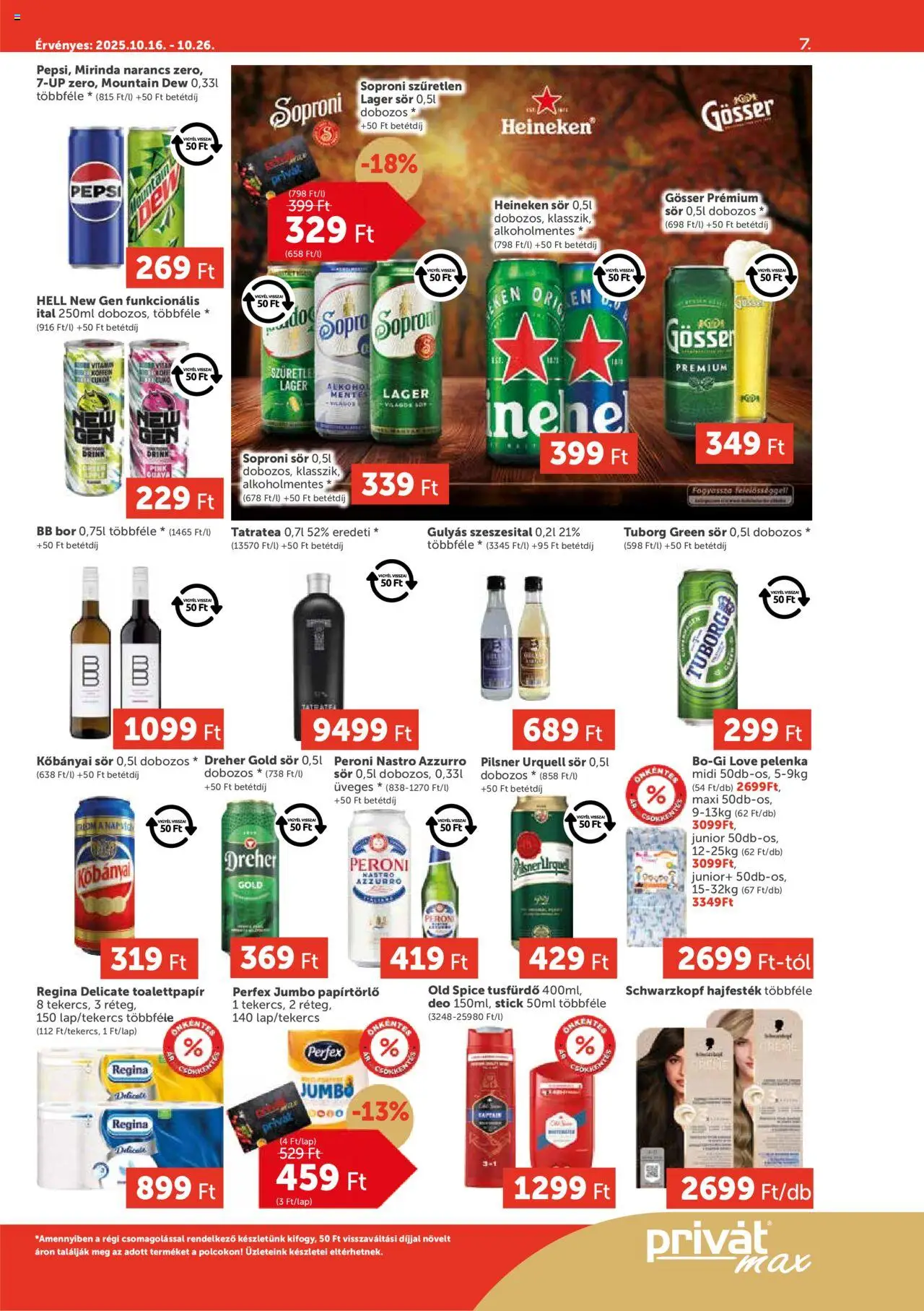 PRIVÁT akciós ujság - amely érvényes a következő dátumtól: 16.10.2025 | Oldal: 7 | Termékek: Kisela pavlaka, Heineken, Hajfesték, Bor