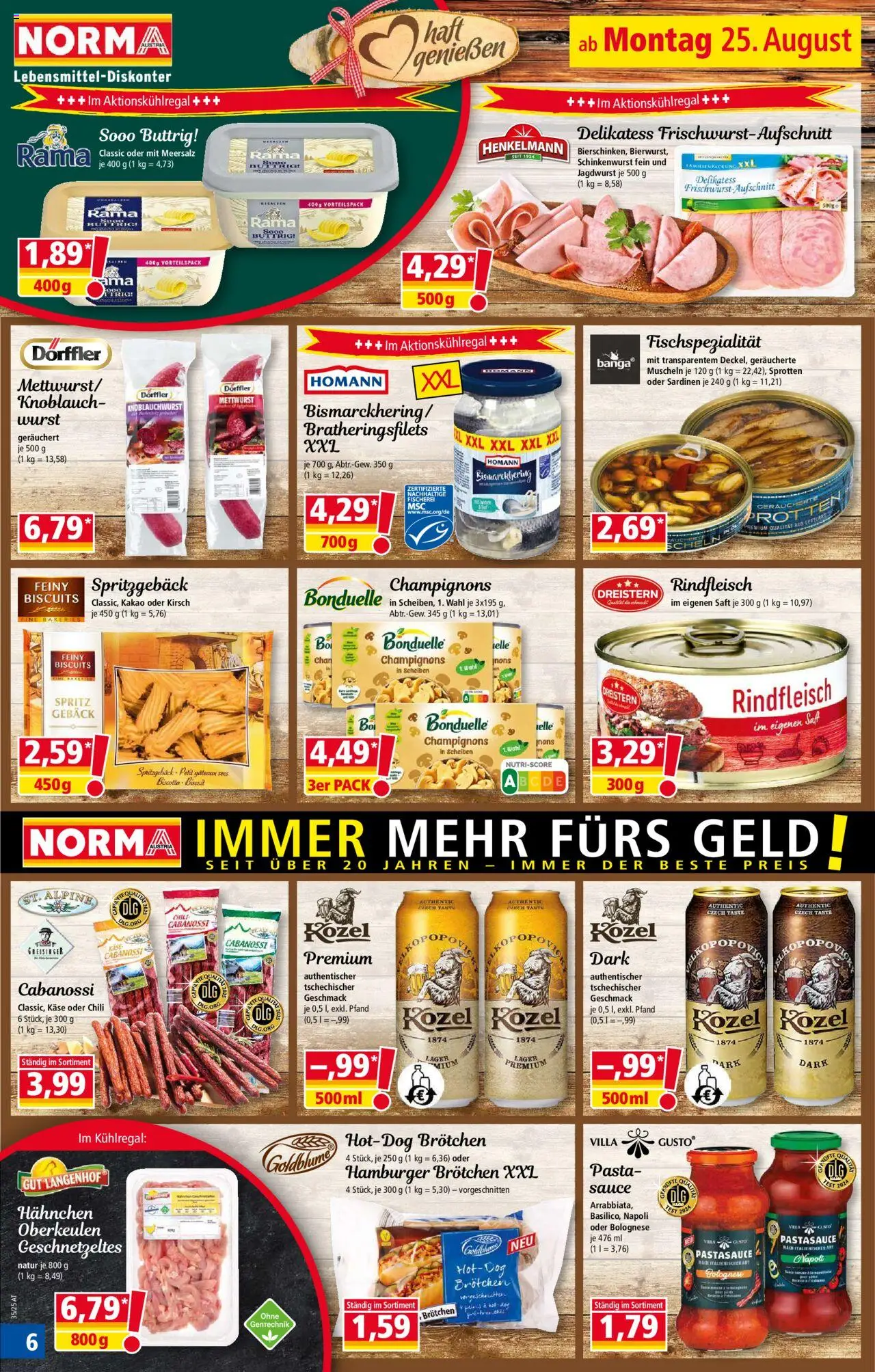 Norma Flugblatt gültig ab 25.08.2025 | Seite: 6 | Produkte: Pasta, Wurst, Saft, Rindfleisch