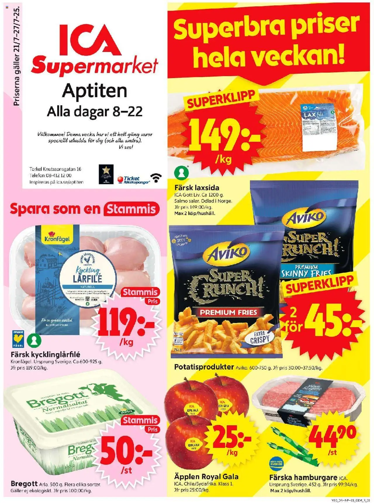 ICA Supermarket reklamblad aktuell från 21.07.2025 | Sida: 1 | Produkter: Hamburgare, Galler, Lax, Äpplen