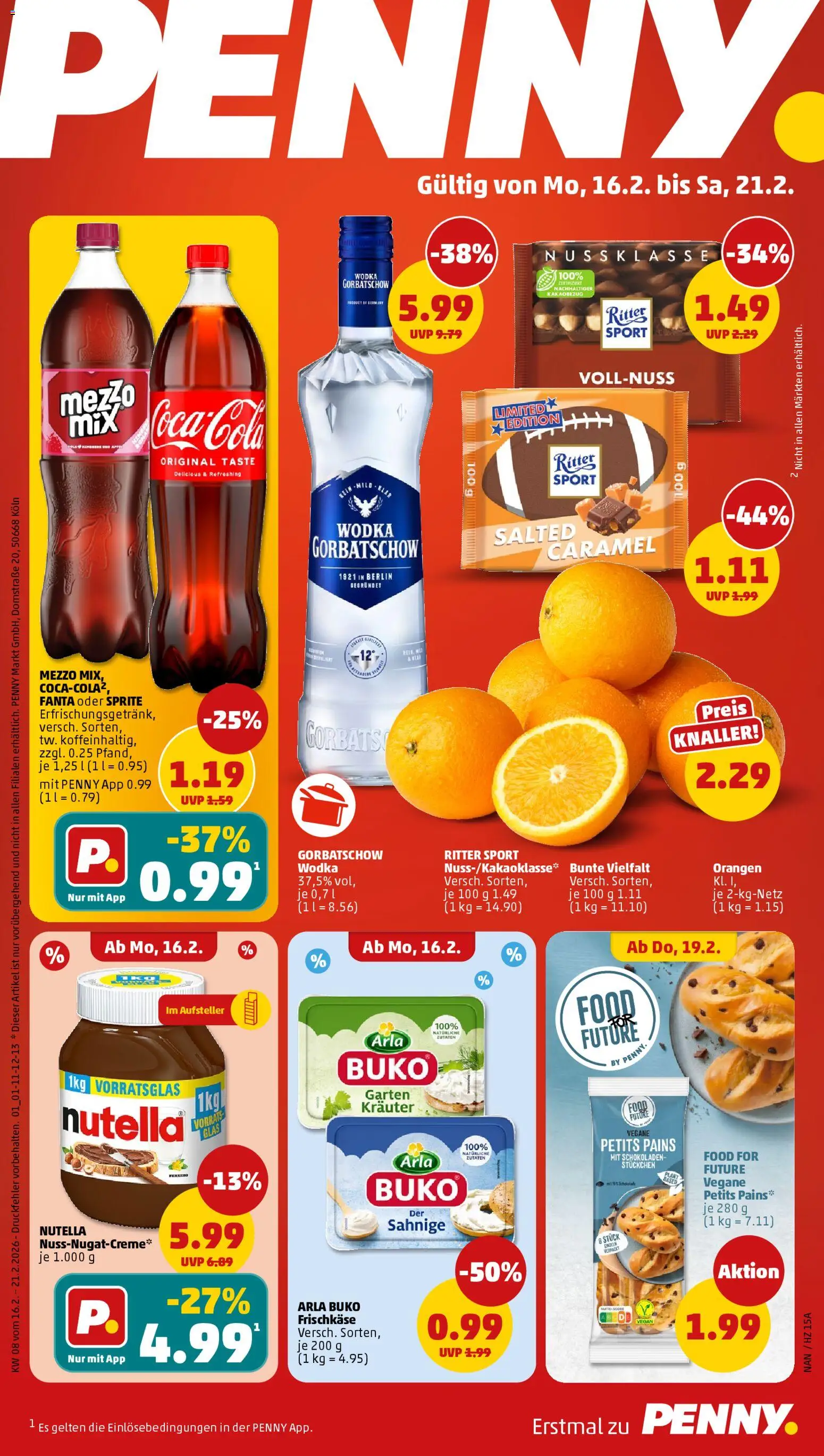 Penny Prospekt 	 – gültig ab 16.02.2026 | Seite: 1 | Produkte: Ritter sport, Nutella, Wodka, Frischkase