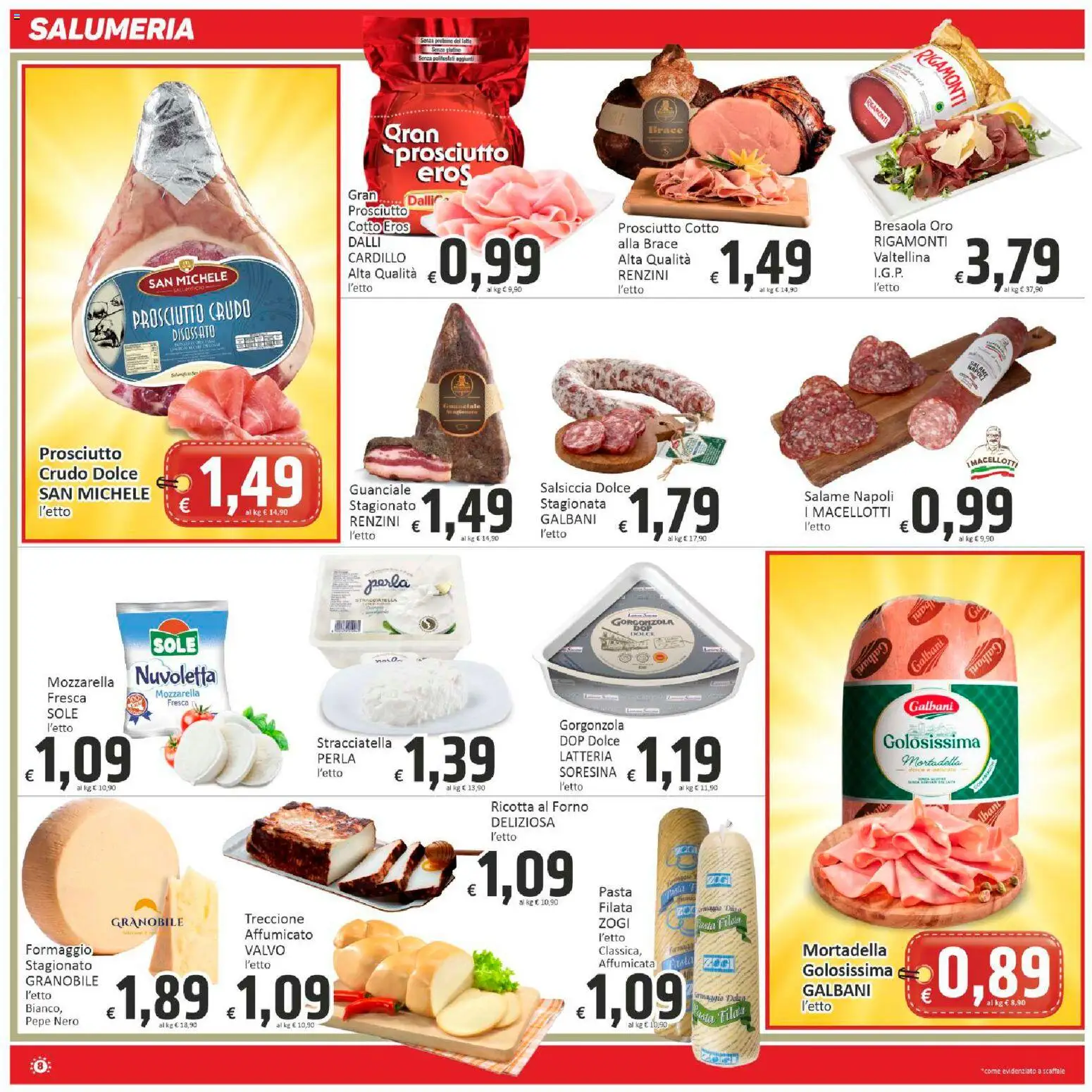 Volantino Paghi Poco del 07.04.2026 | Pagina: 8 | Prodotti: Prosciutto Cotto, Mozzarella, Formaggio, Pasta