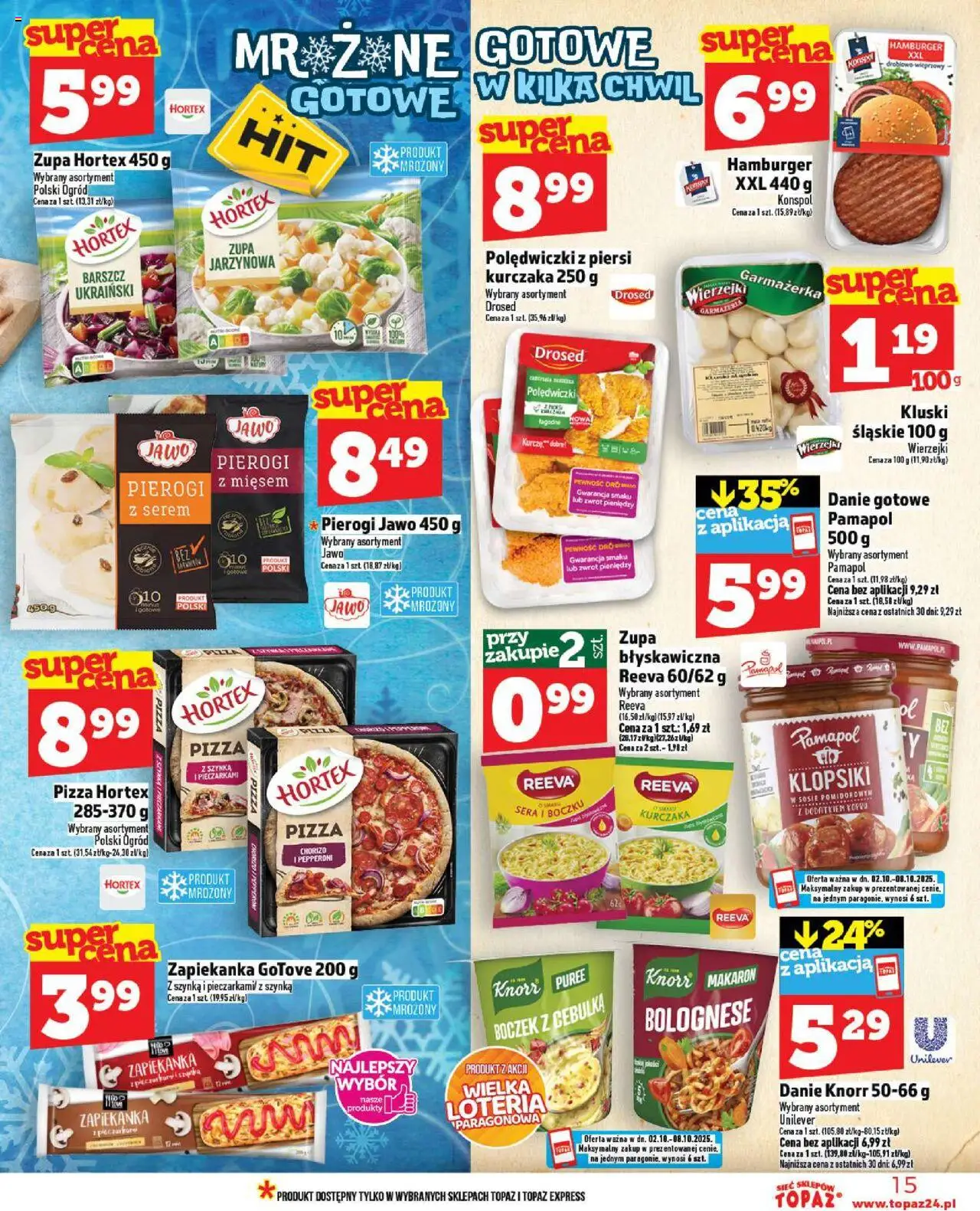 Topaz Gazetka od 02.10.2025 | Strona: 15 | Produkty: Pierogi, Zapiekanka, Kluski śląskie, Boczek