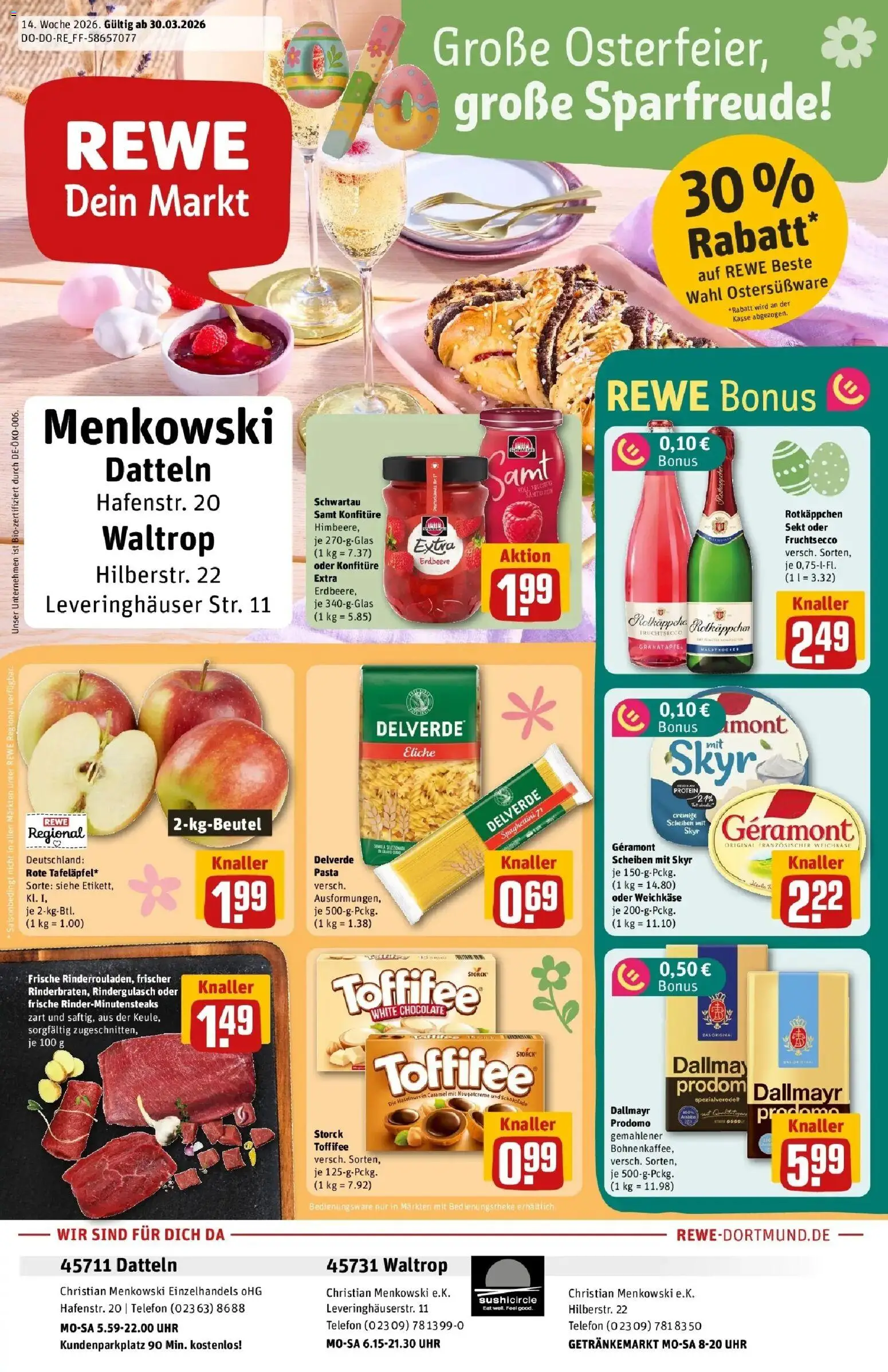 Rewe Prospekt Datteln	 – gültig ab 30.03.2026 | Seite: 1 | Produkte: Rindergulasch, Toffifee, Himbeere, Pasta