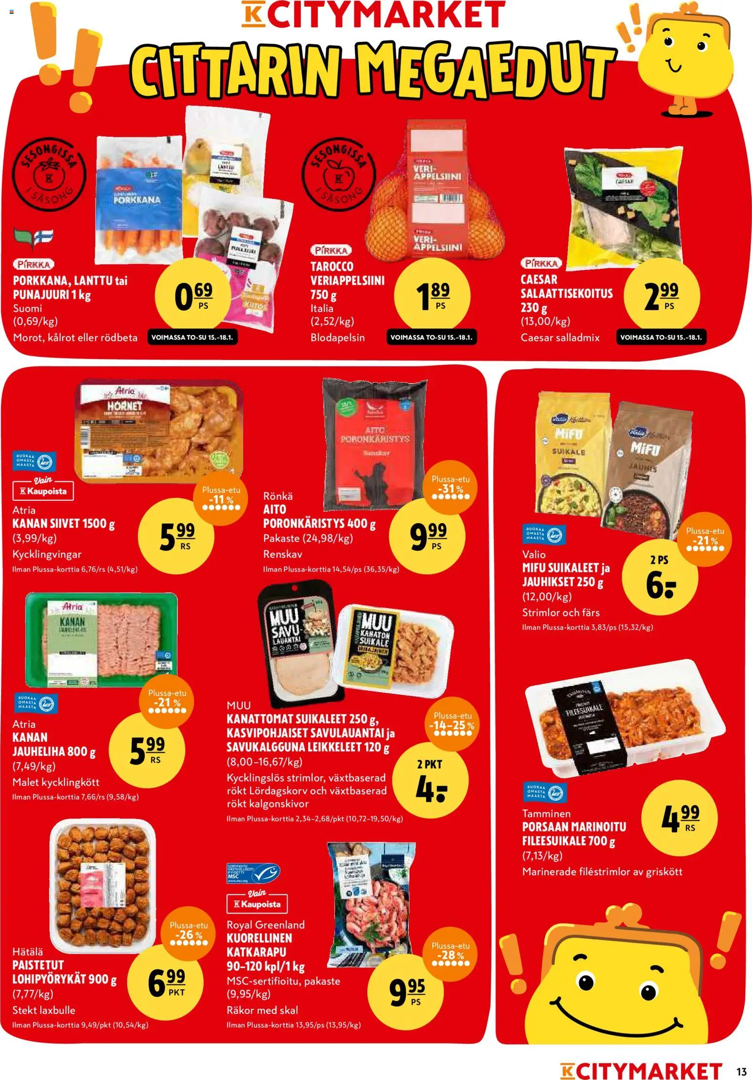 K-Citymarket tarjoukset – voimassa 15.01.2026 alkaen | Sivu: 13 | Tuotteet: Jauheliha, Katkarapu, Lanttu, Punajuuri