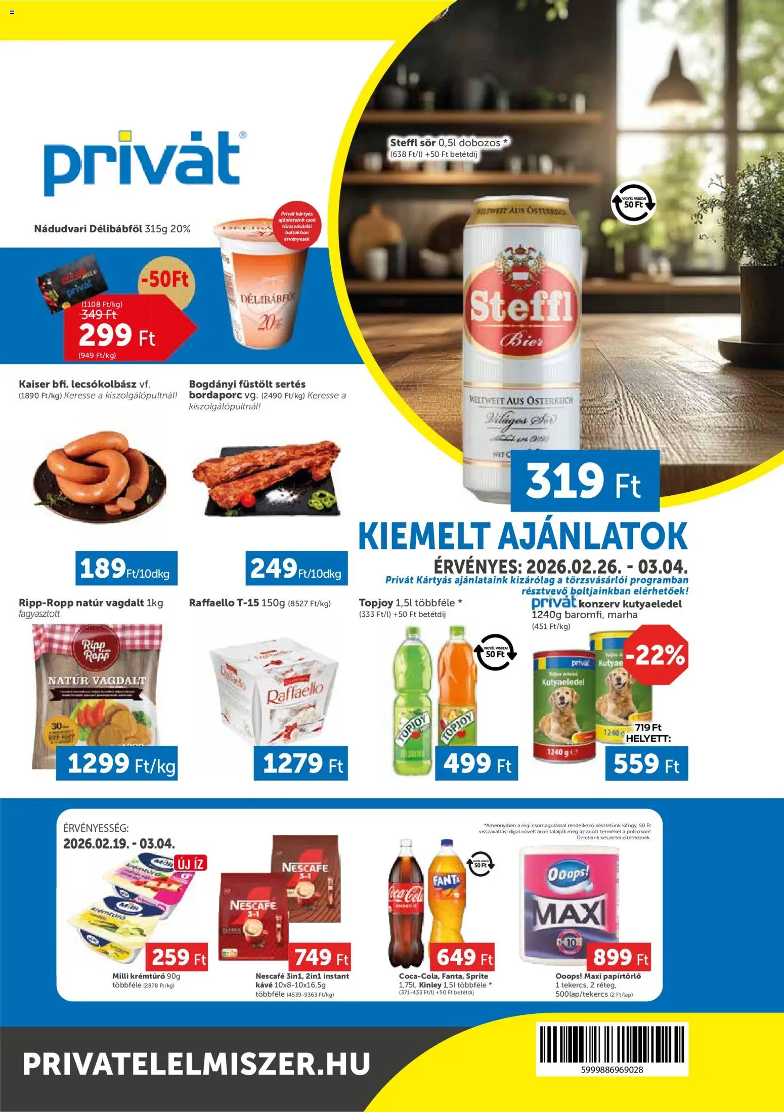 PRIVÁT akciós ujság - amely érvényes a következő dátumtól: 26.02.2026 | Oldal: 1 | Termékek: Fanta, Papírtörlő, Kávé, Sör