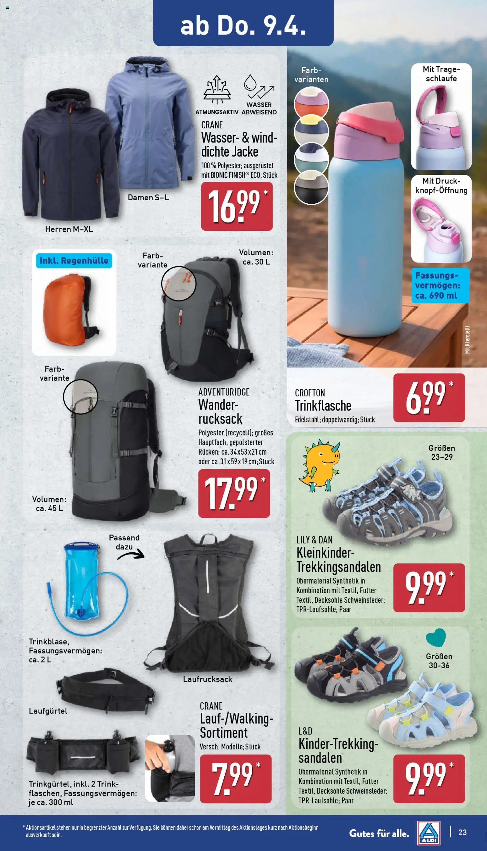 Aldi Prospekt 	 – gültig ab 07.04.2026 | Seite: 23 | Produkte: Wasser, Jacke, Sandalen, Rucksack