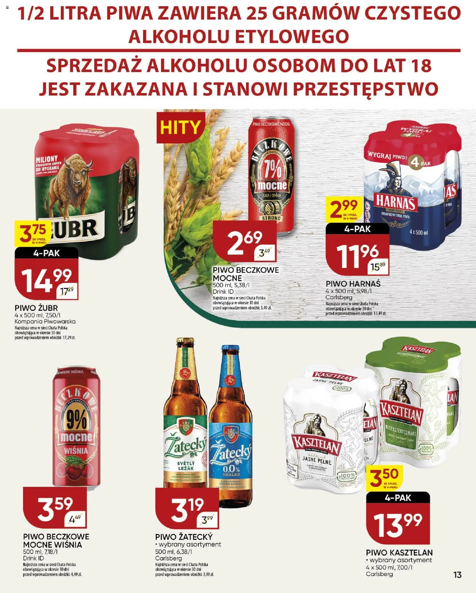 Chata Polska Gazetka od 15.01.2026 | Strona: 13 | Produkty: Piwo żubr, Leżak, Harnaś, Piwo