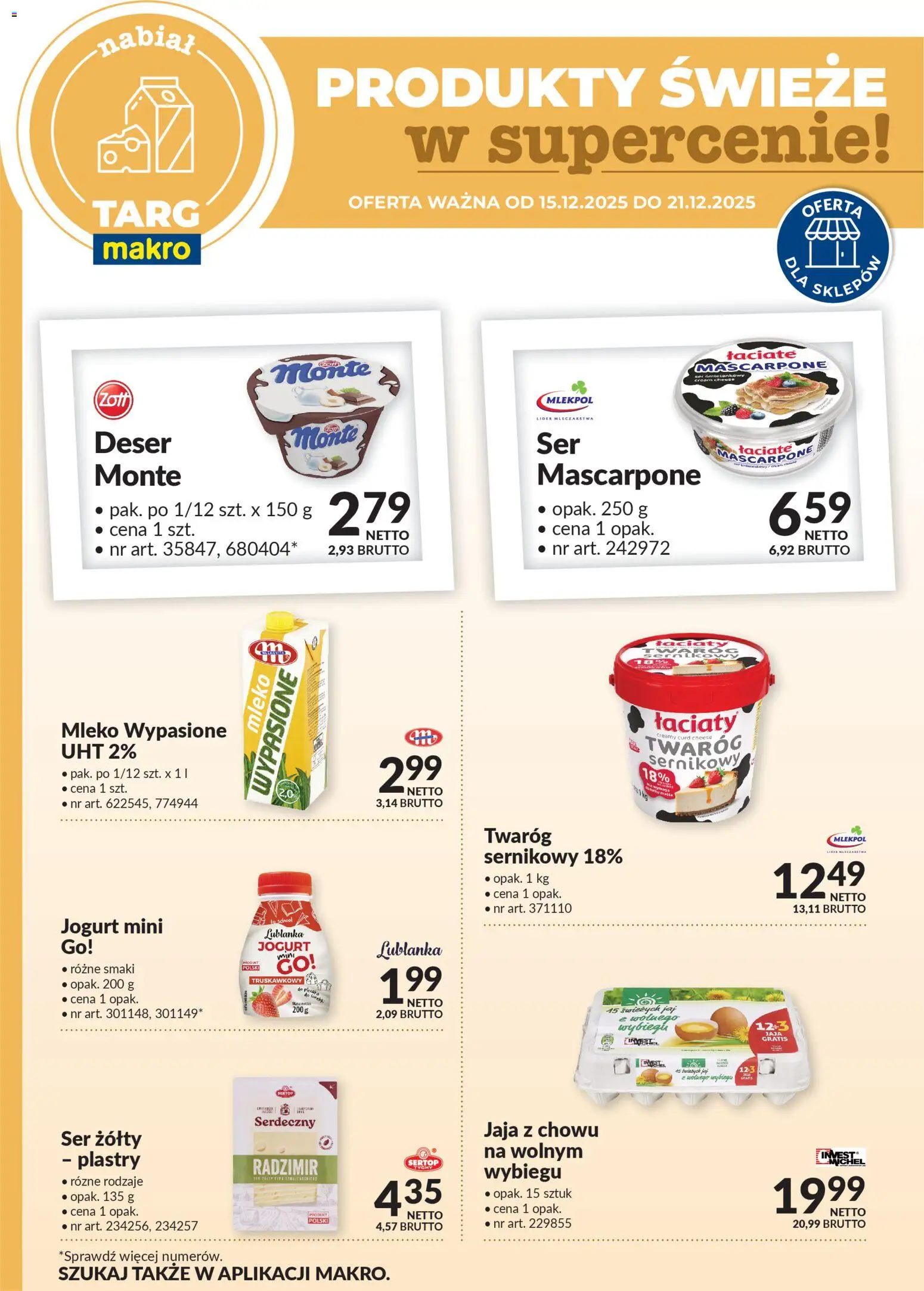 Makro Gazetka - Oferta świeża w super cenach od 15.12.2025 | Strona: 1 | Produkty: Ser żółty, Cream cheese, Mleko, Jaja