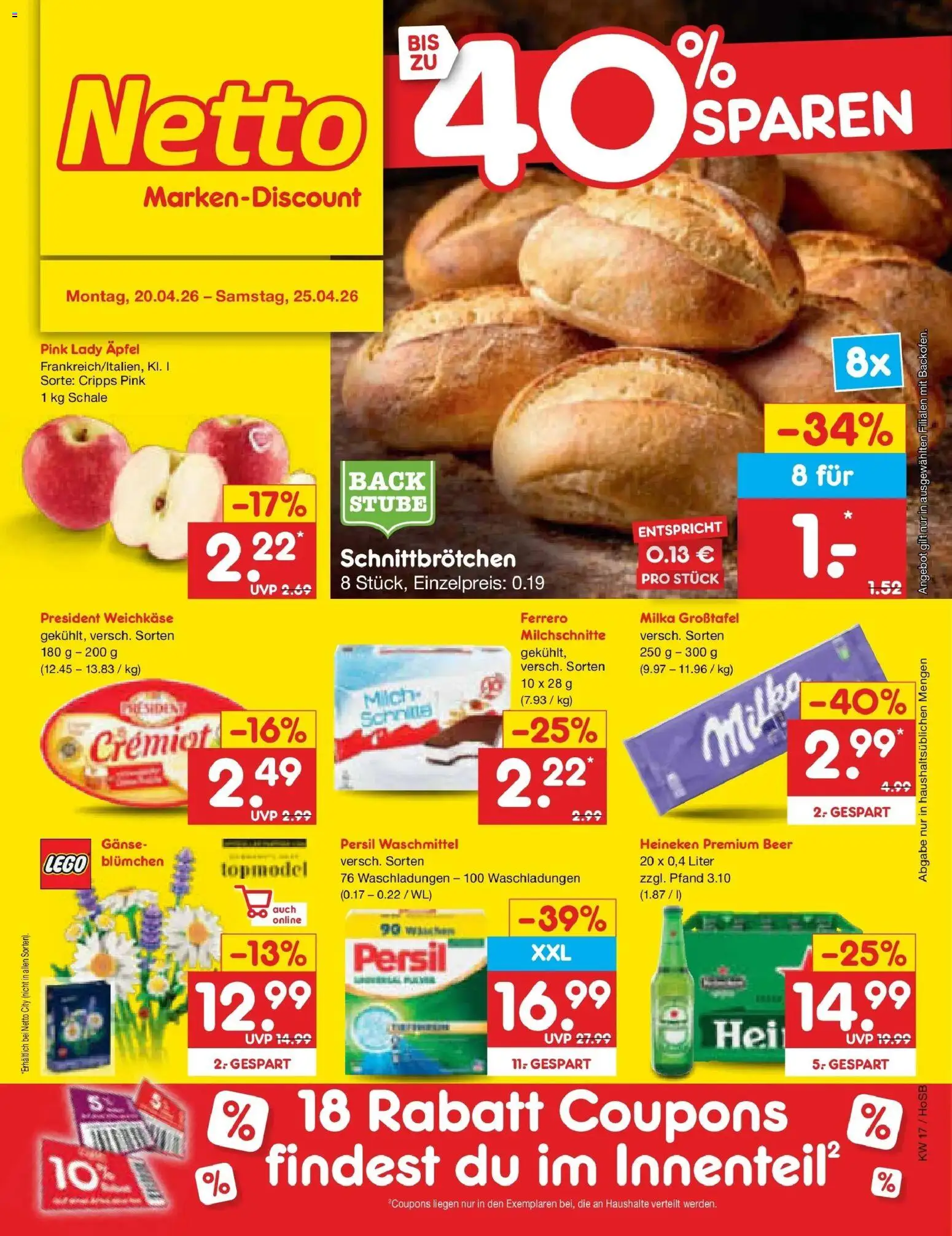 Netto Marken-Discount Prospekt Hannover	 – gültig ab 20.04.2026 | Seite: 1 | Produkte: Milka, Heineken, Waschmittel, Persil
