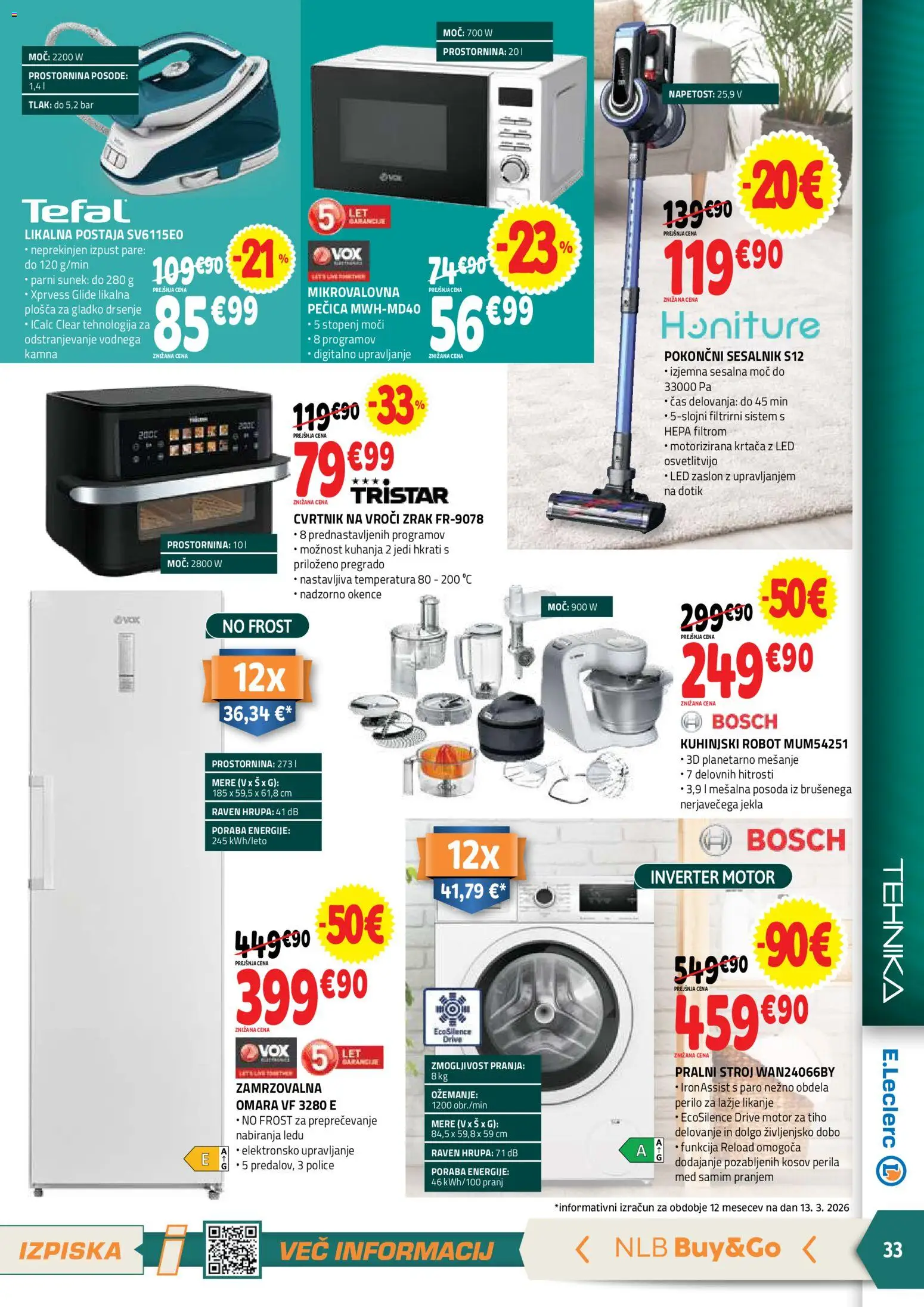 Novi E.leclerc katalog ponudbe – veljaven od 25.03.2026 | Stran: 33 | Izdelki: Pecica, Krtaca, Zamrzovalna omara, Sesalnik