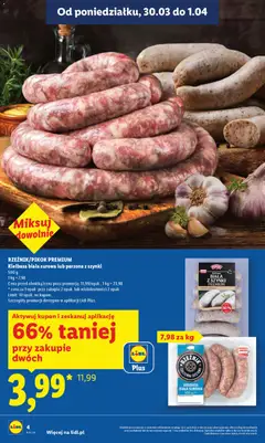 Pogląd oferty "RZEŹNIK/PIKOK PREMIUM Kiełbasa biała surowa lub parzona z szynki, 500 g" - ważna od 30.03.2026 | Strona: 4 | Produkty: Kiełbasa, Kiełbasa biała z szynki