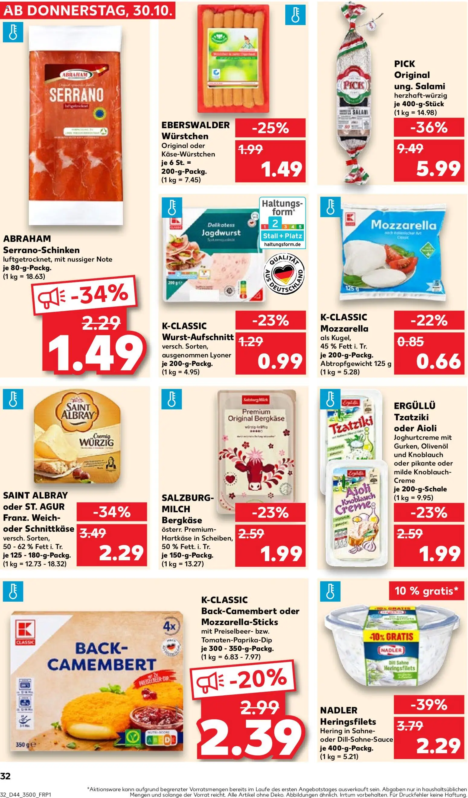 Kaufland prospekt Rostock	 – gültig ab 30.10.2025 | Seite: 32 | Produkte: Milch, Knoblauch, Salami, Sahne