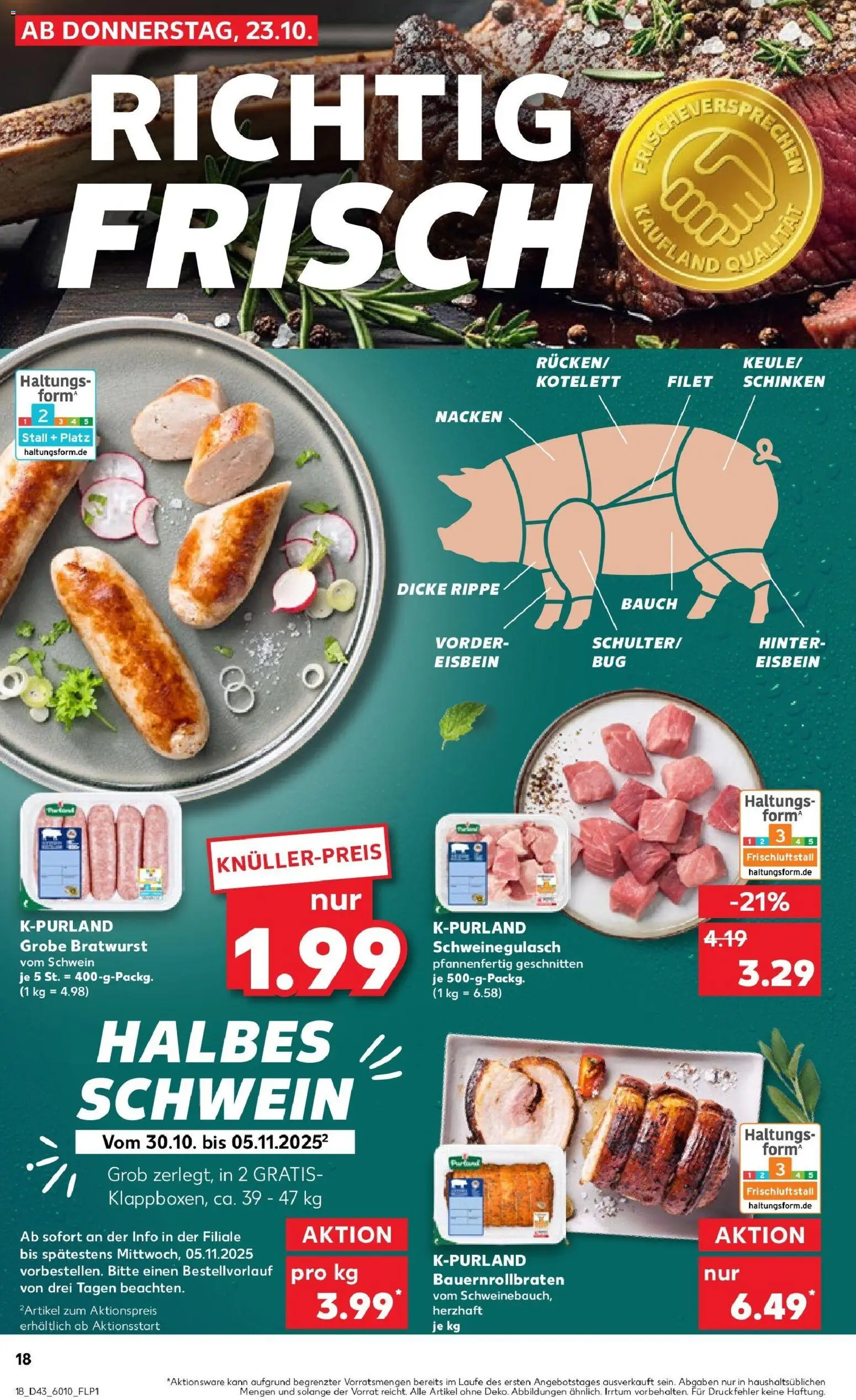 Kaufland prospekt Mosbach	 – gültig ab 23.10.2025 | Seite: 18 | Produkte: Schweinegulasch, Bratwurst, Schinken