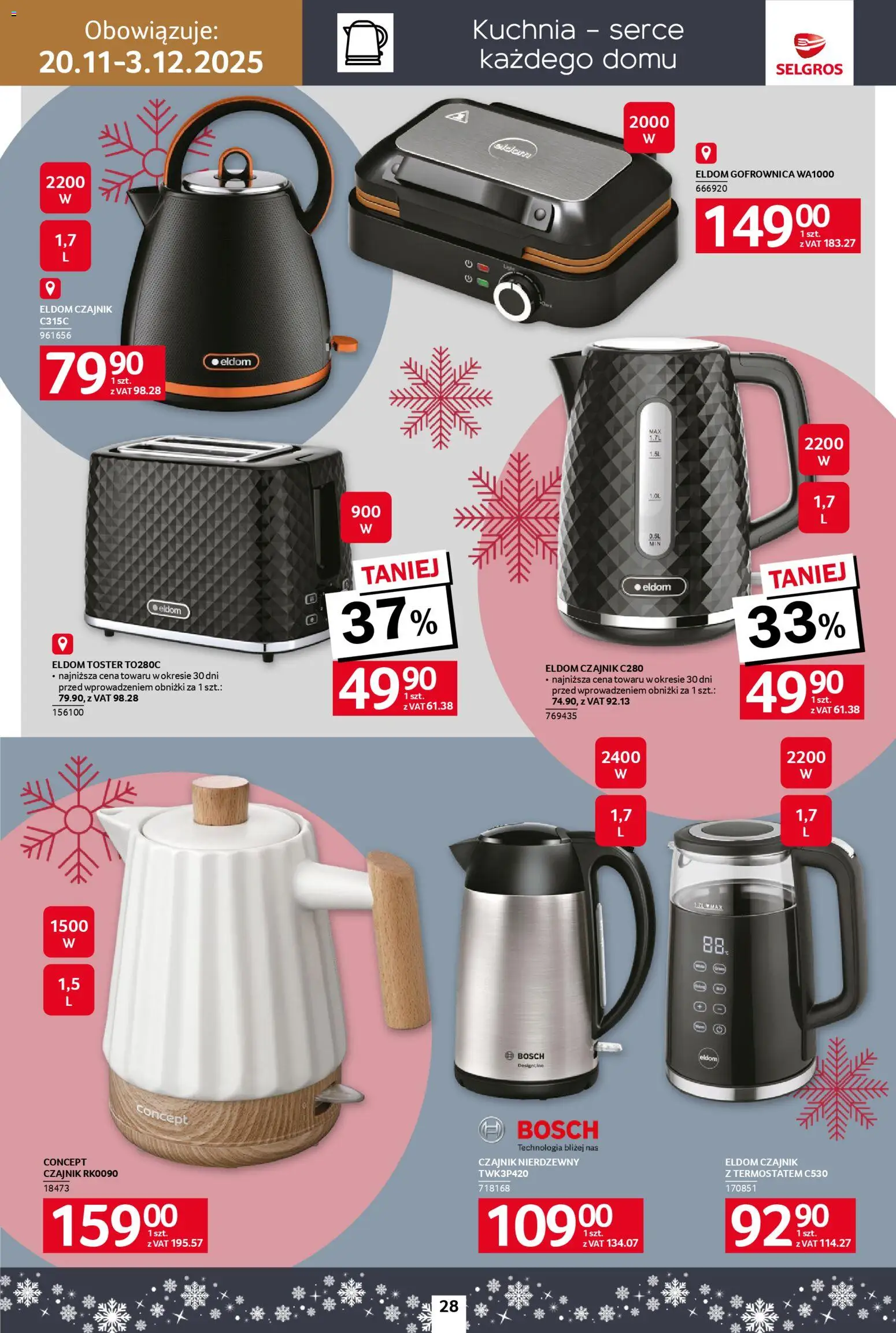 Selgros cash&carry Gazetka - Home&Deco od 20.11.2025 | Strona: 28 | Produkty: Czajnik, Toster, Gofrownica