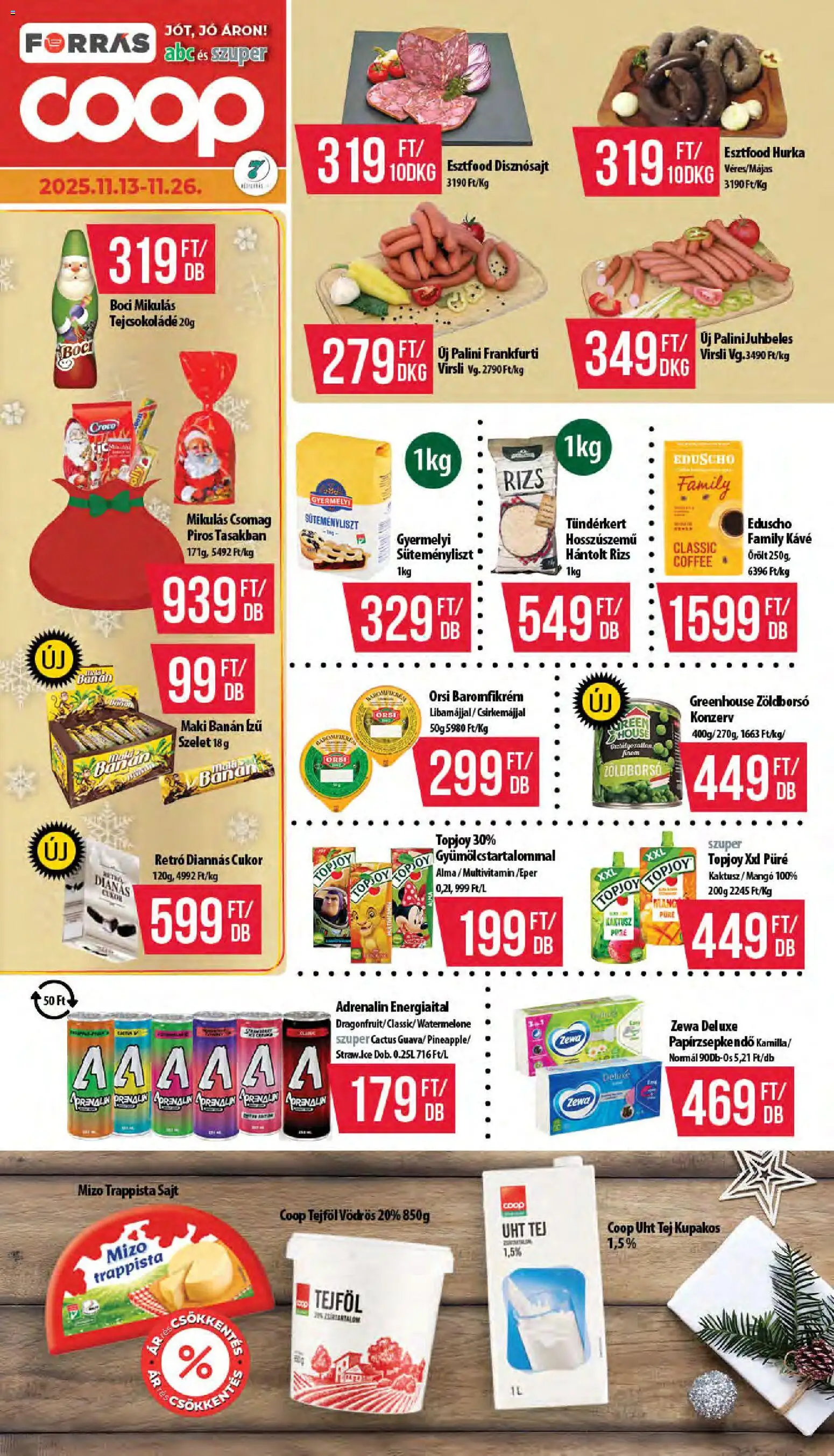COOP akciós ujság - amely érvényes a következő dátumtól: 13.11.2025 | Oldal: 1 | Termékek: Energiaital, Banán, Rizs, Cukor