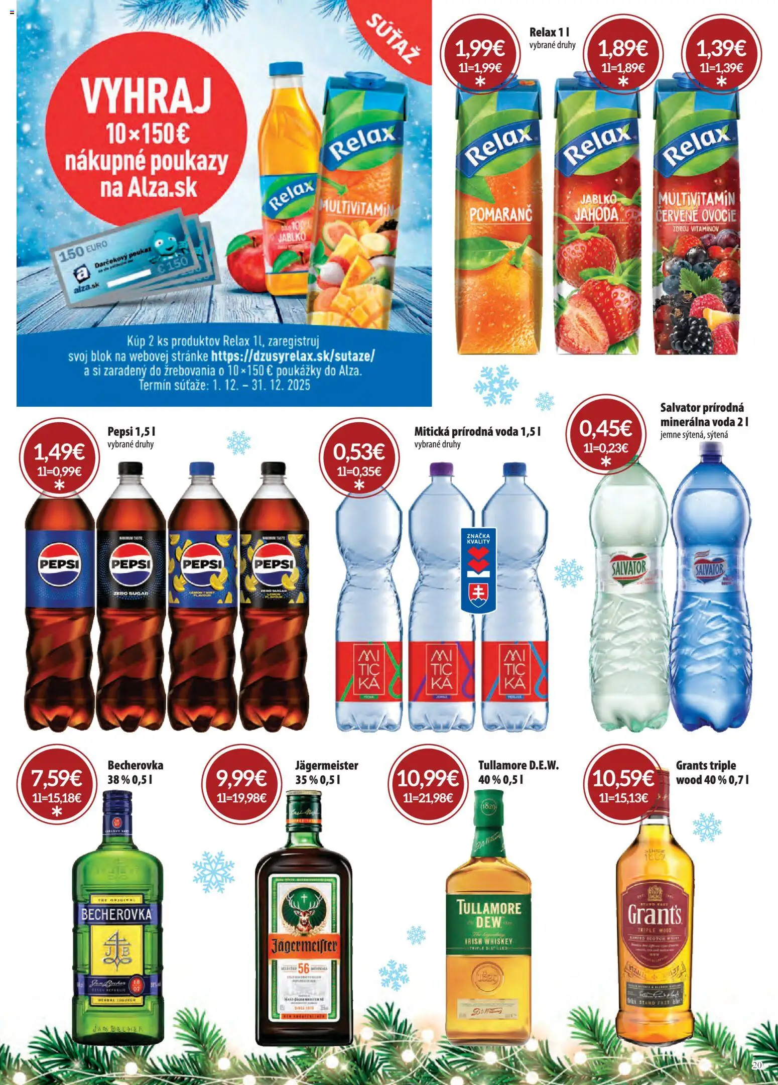 Nové CBA Komfos akcie – leták je platný od 01.12.2025 | Strana: 20 | Produkty: Jägermeister, Becherovka, Mitická, Ovocie