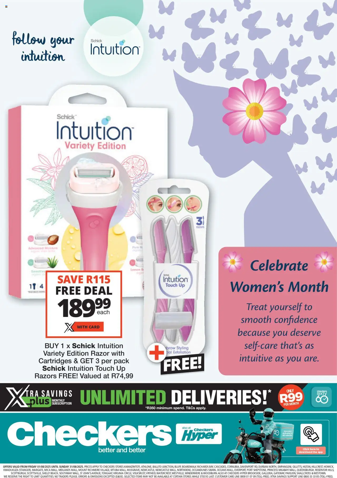 Checkers KwaZulu-Natal - Schick Intuition Promotion │ valid from 01.08.2025 | Page: 1 | Products: Razors, Lemon