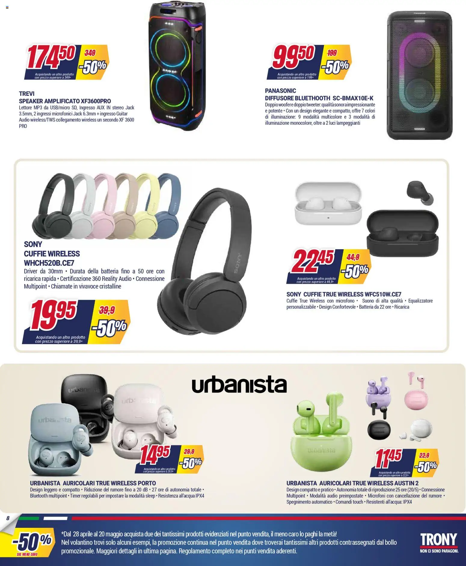 Volantino Trony del 28.04.2026 | Pagina: 8 | Prodotti: Auricolari, MP3, Speaker, Batteria