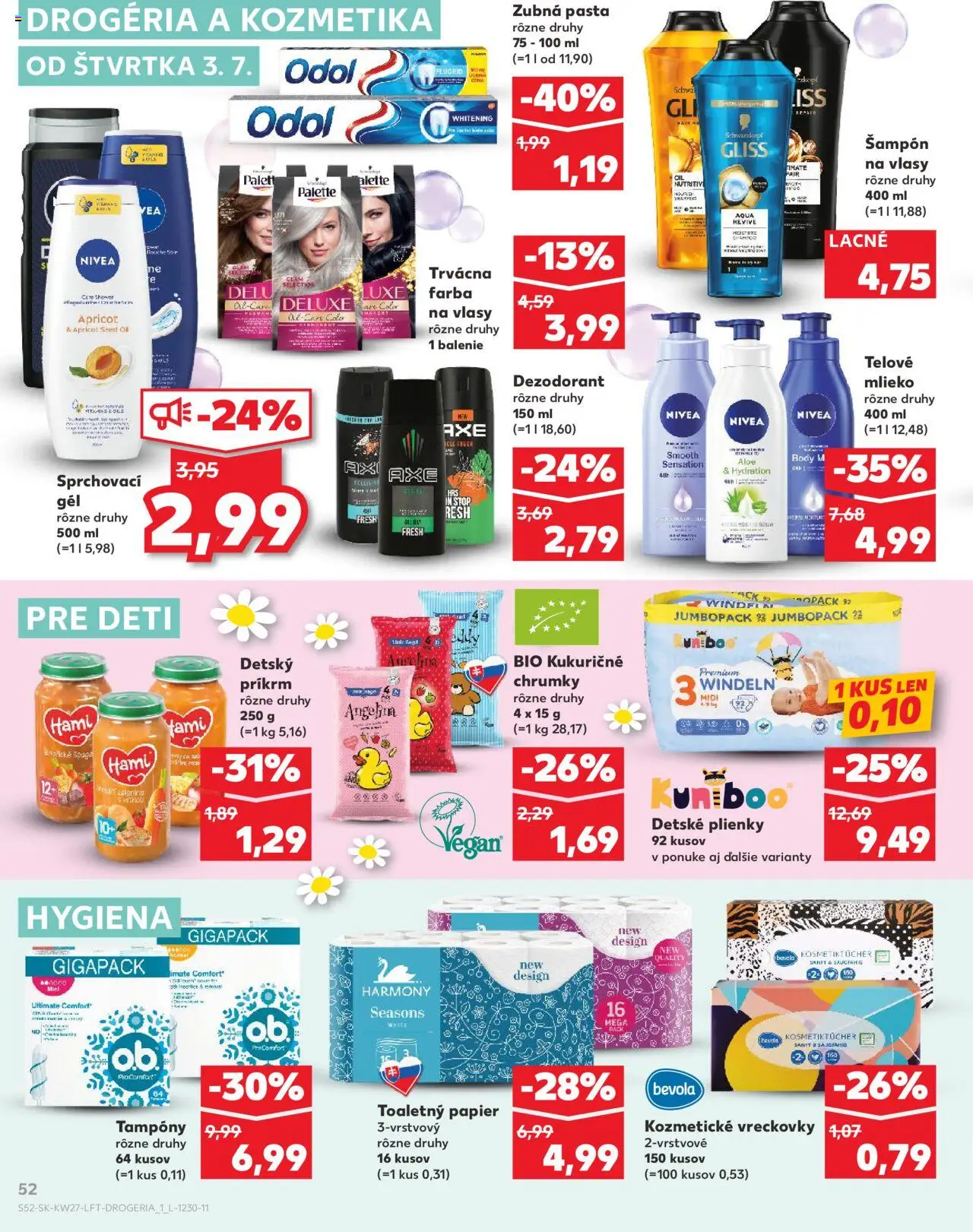 Nové Kaufland akcie – leták je platný od 03.07.2025 | Strana: 52 | Produkty: Mlieko, Toaletný papier, Farba na vlasy, Dezodorant