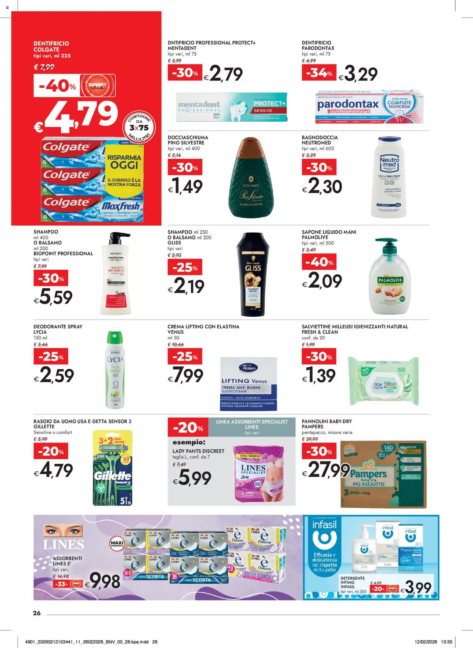 Volantino bennet del 26.02.2026 | Pagina: 26 | Prodotti: Shampoo, Balsamo, Pannolini, Intimo