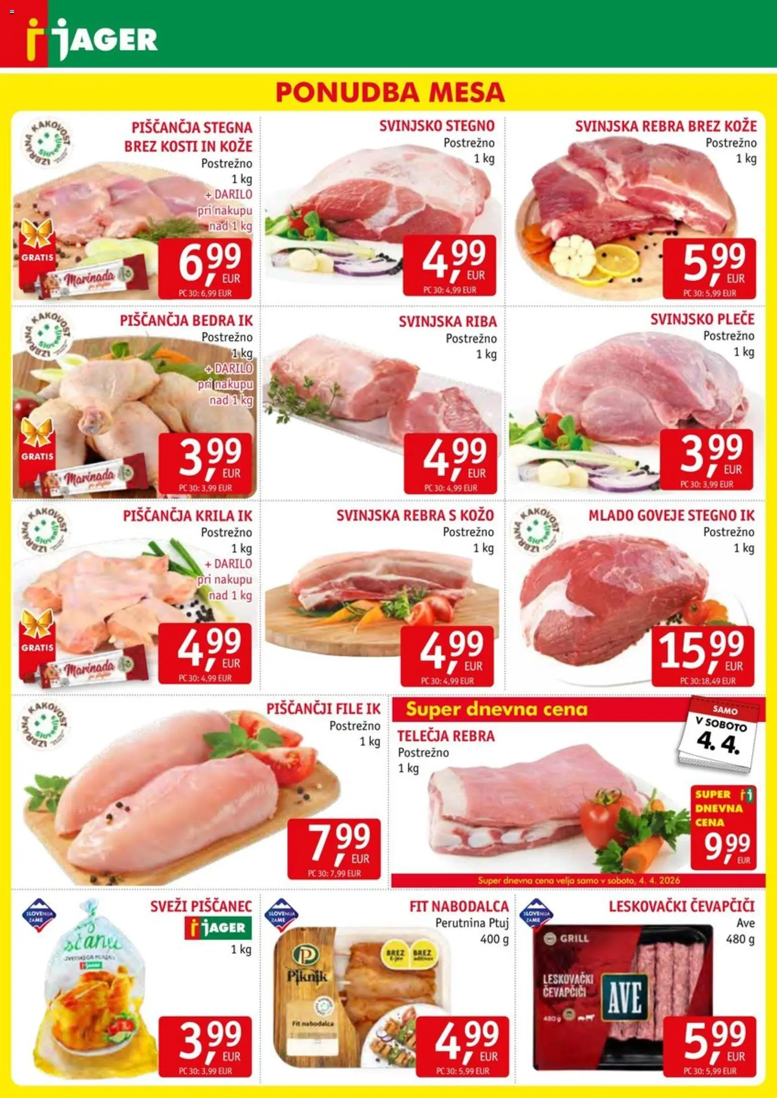 Novi Jager katalog ponudbe – veljaven od 01.04.2026 | Stran: 3 | Izdelki: Čevapčiči, Piščančja krila, Riba, Grill