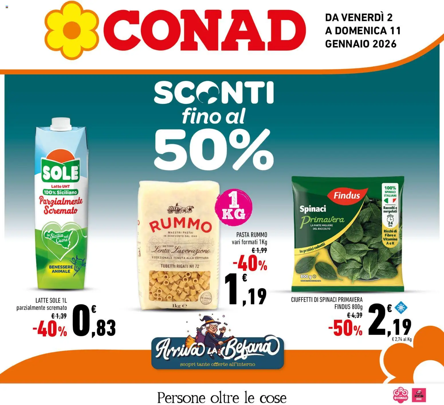 Volantino Conad del 02.01.2026 | Pagina: 1 | Prodotti: Latte, Pasta, Spinaci