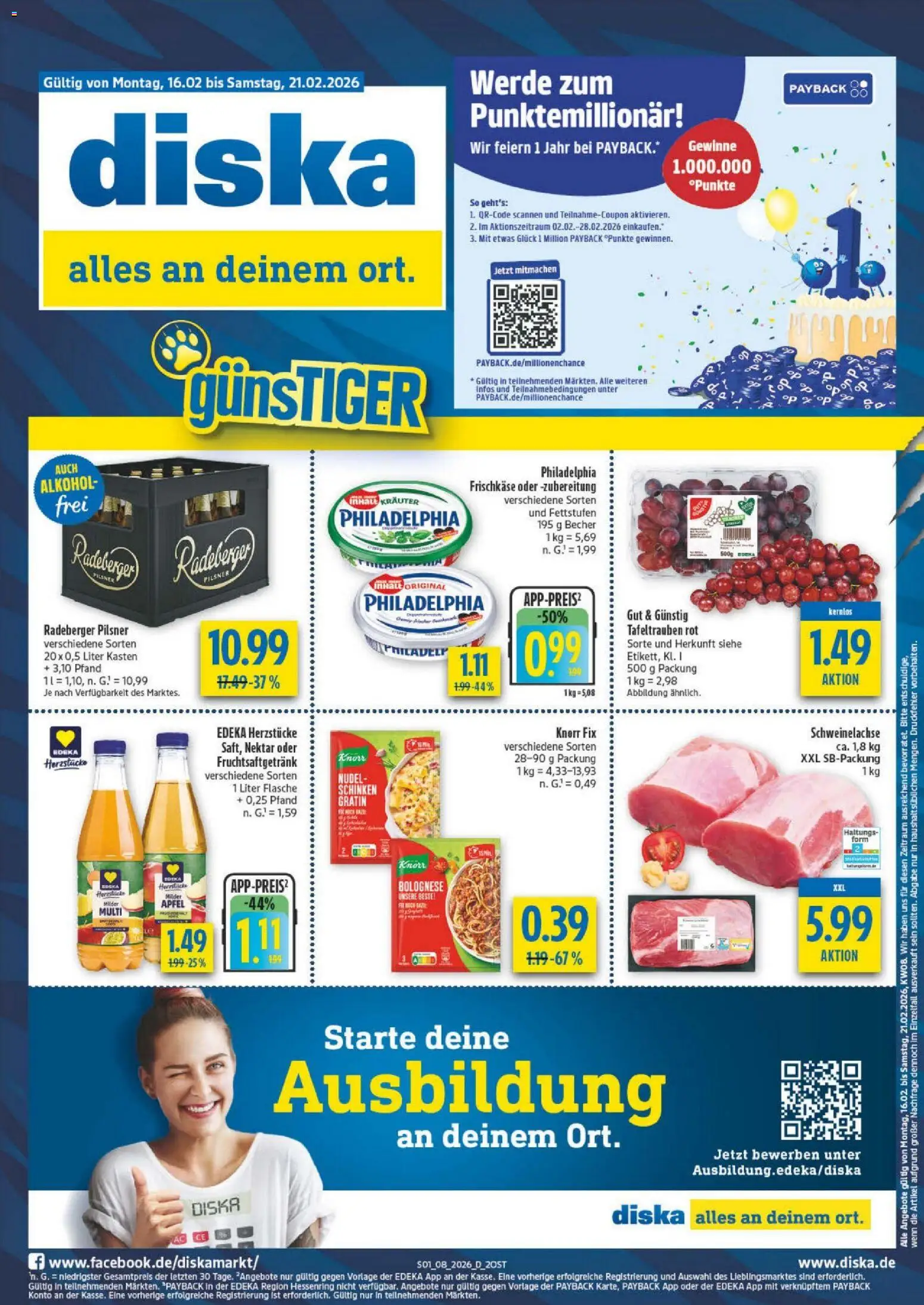 Diska - Diska Angebote Sachsen-Thüringen KW08 – gültig ab 16.02.2026 | Seite: 1 | Produkte: Knorr fix, Philadelphia, Schinken, Frischkase