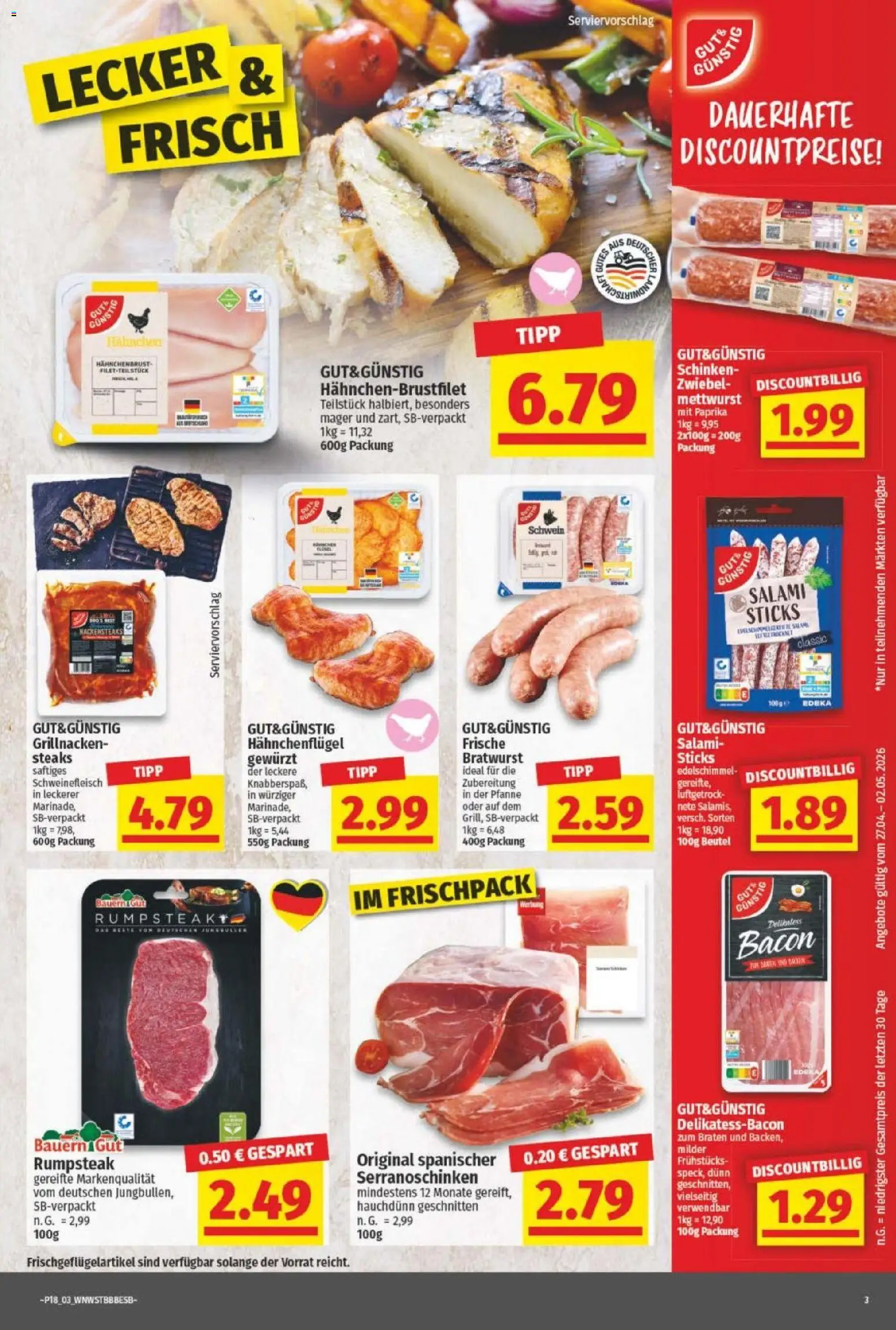 NP Discount Prospekt – gültig ab 27.04.2026 | Seite: 3 | Produkte: Nackensteaks, Paprika, Salami, Schinken