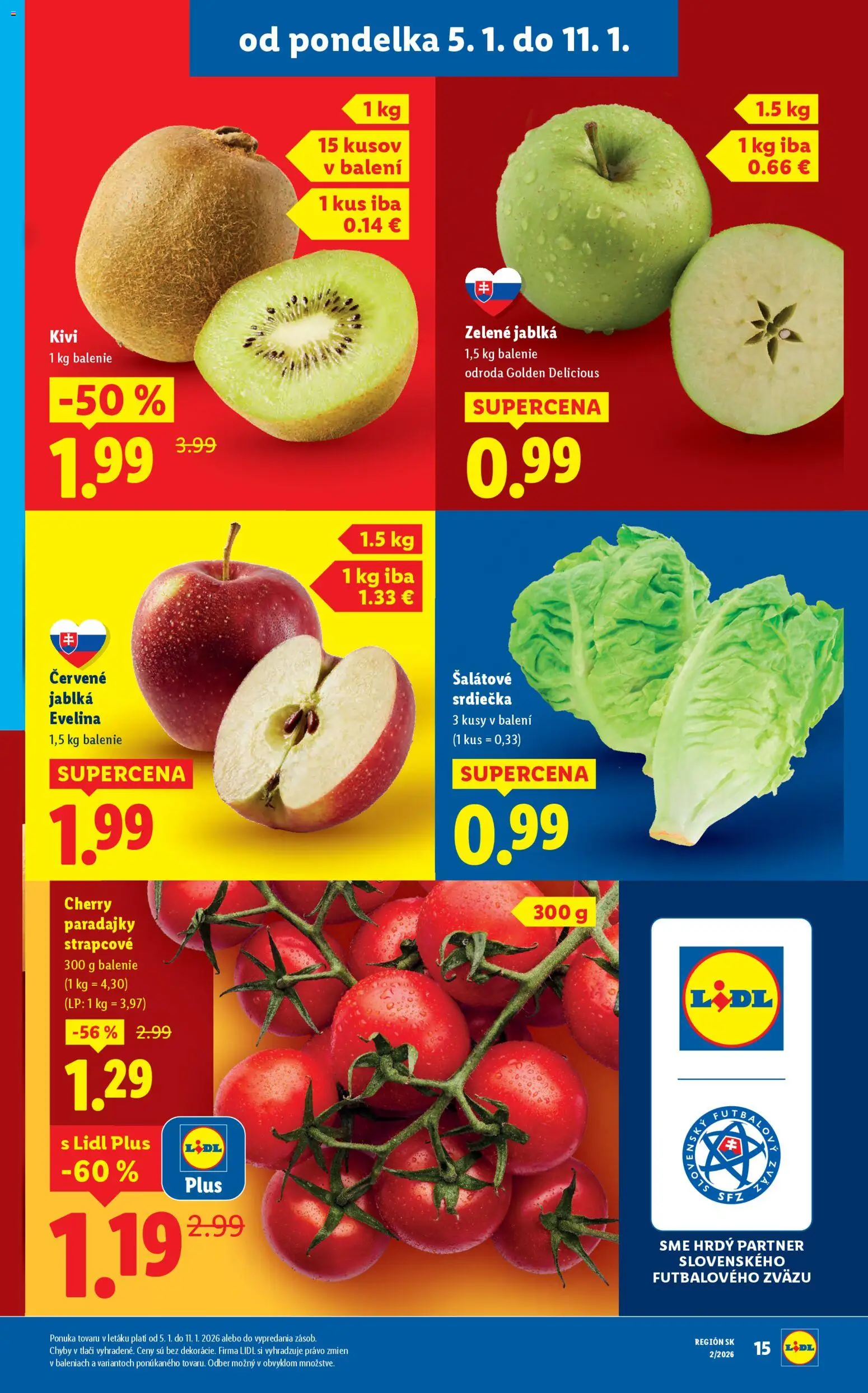 Nové Lidl akcie – leták je platný od 05.01.2026 | Strana: 15 | Produkty: Jablká, Paradajky, Cherry paradajky