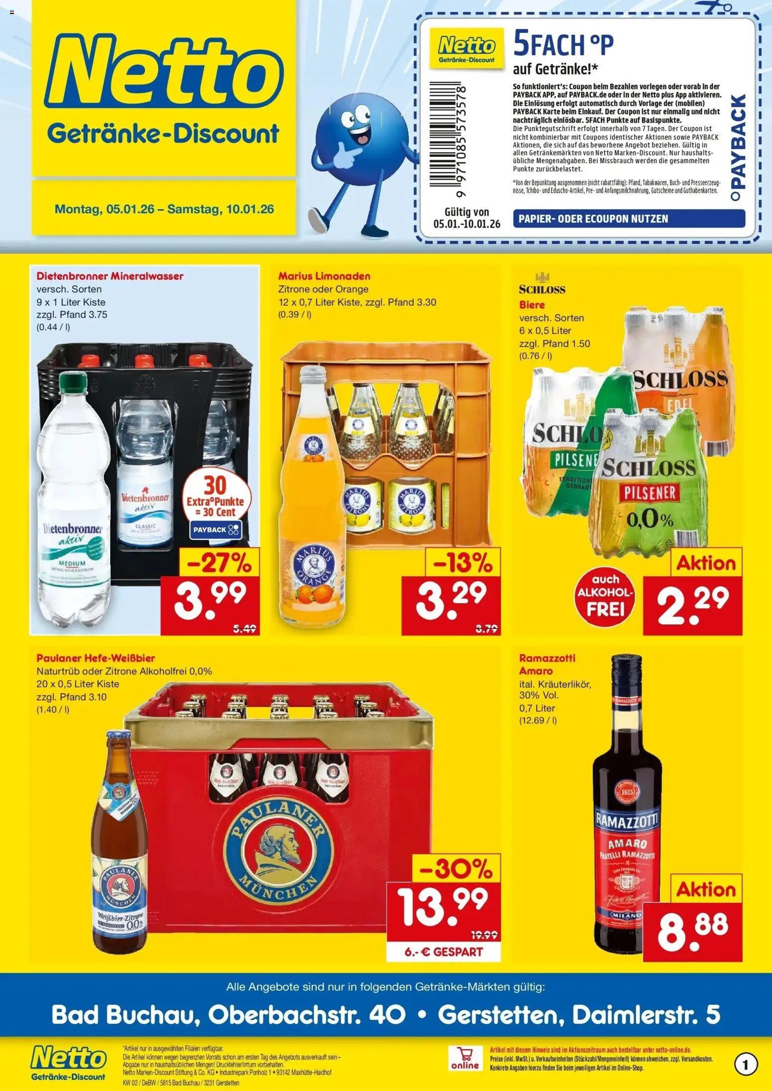 Netto Marken-Discount prospekt Gerstetten	 – gültig ab 05.01.2026 | Seite: 1 | Produkte: Mineralwasser, Zitrone, Ramazzotti, Paulaner
