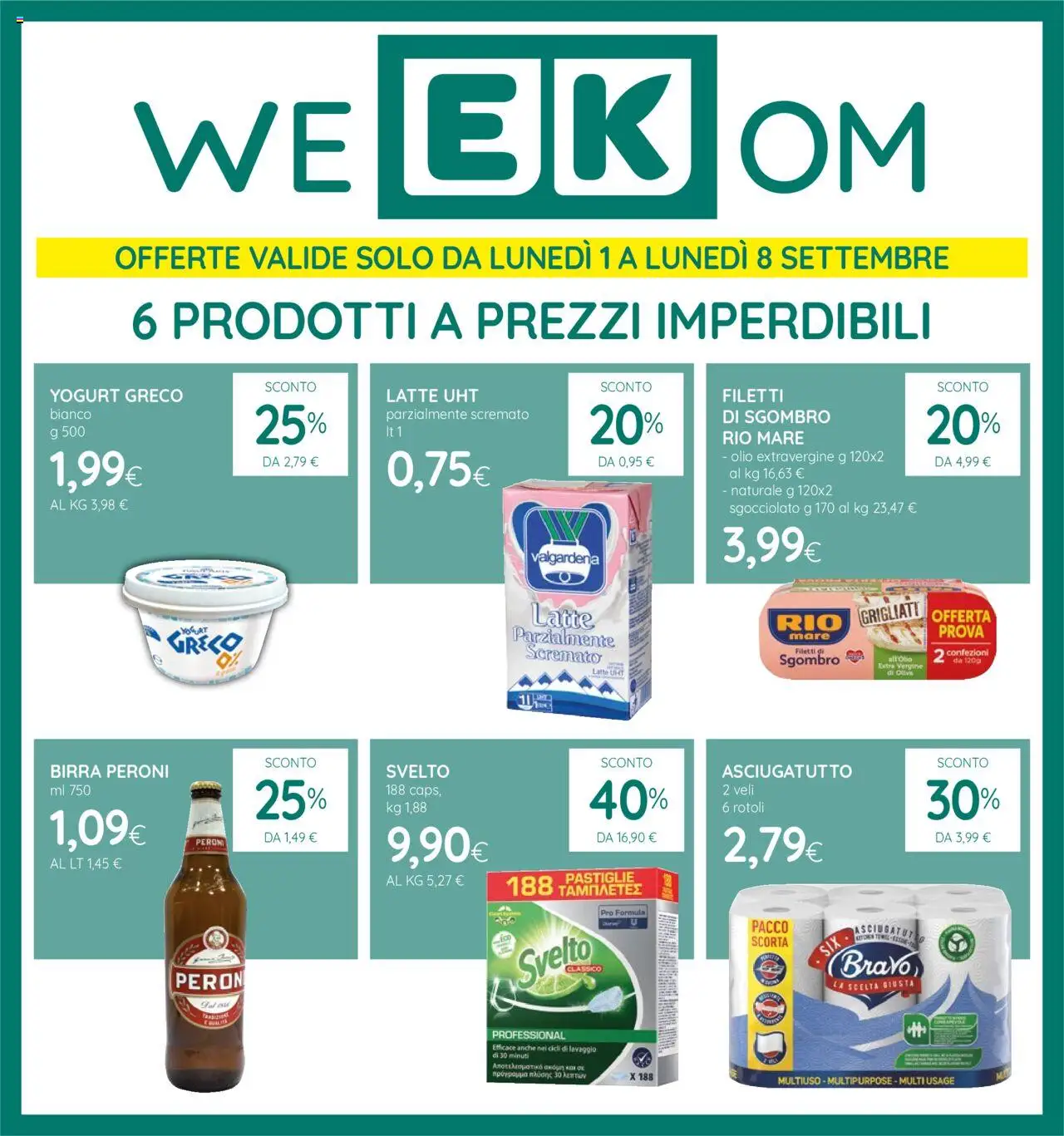 Volantino Ekom del 26.08.2025 | Pagina: 12 | Prodotti: Yogurt, Latte, Asciugatutto, Sgombro