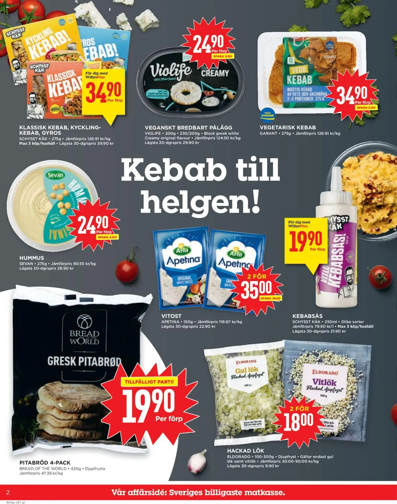 Willys reklamblad aktuell från 08.09.2025 | Sida: 2 | Produkter: Galler, Pitabröd, Kebabsås, Gul lök