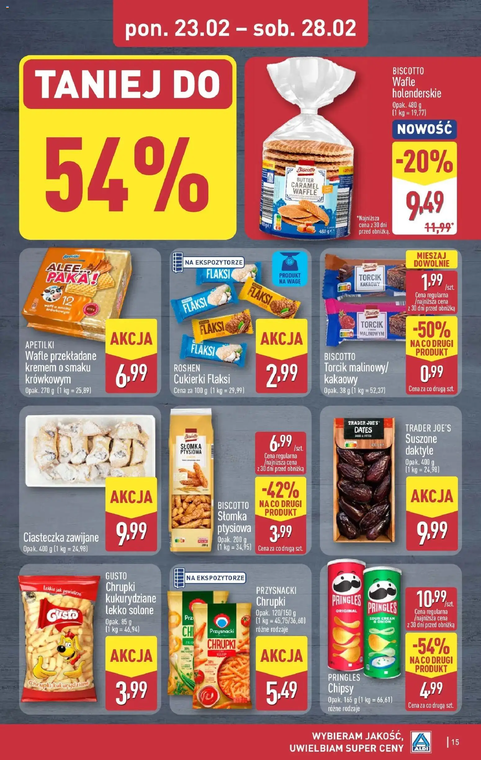 Aldi Gazetka od 23.02.2026 | Strona: 15 | Produkty: Wafle, Pringles, Cukierki, Ciasteczka