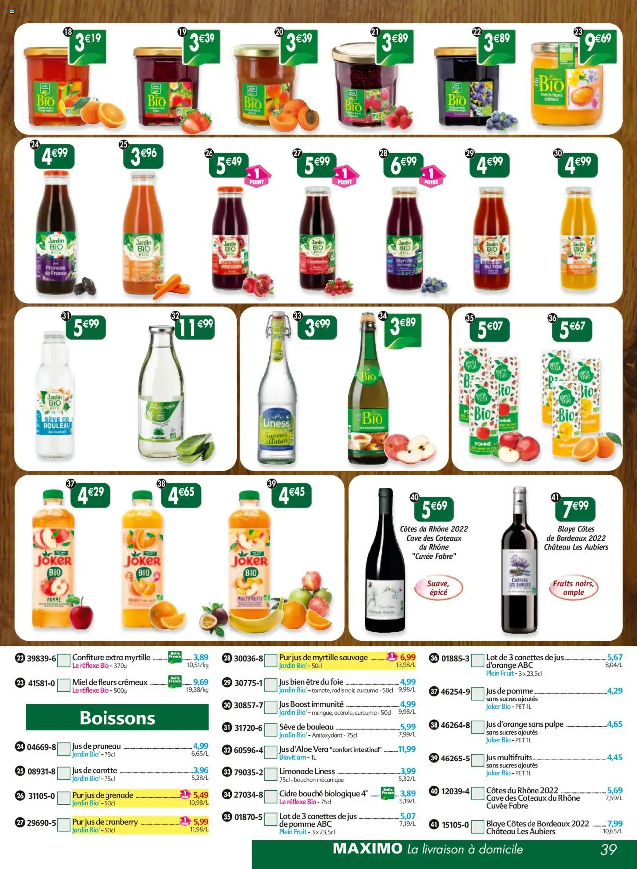 | Page: 39 | Produits: Jus d'orange, Orange, Miel, Jus de pomme