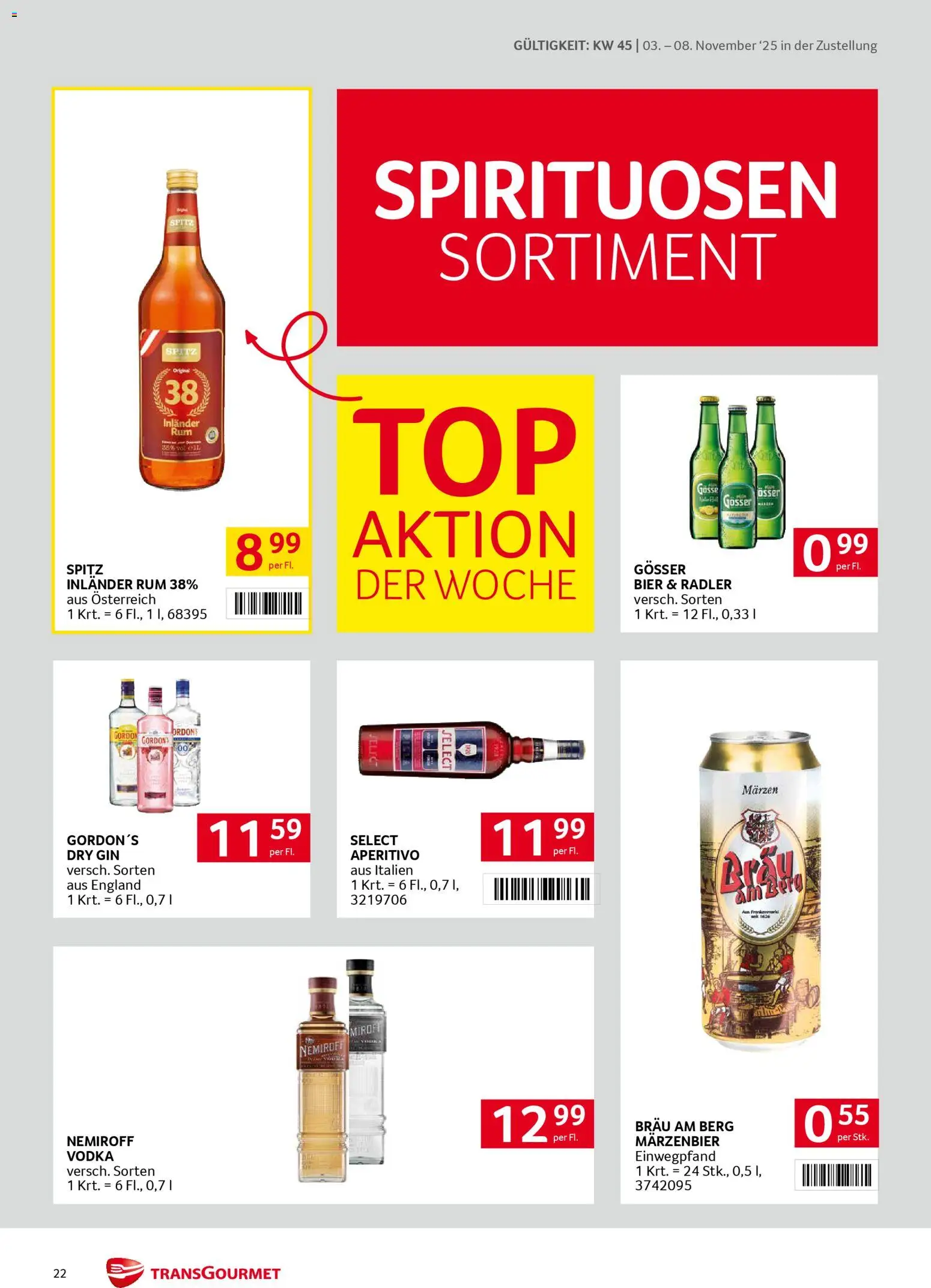 Transgourmet Zustellaktion gültig ab 03.11.2025 | Seite: 22 | Produkte: Gin, Bier