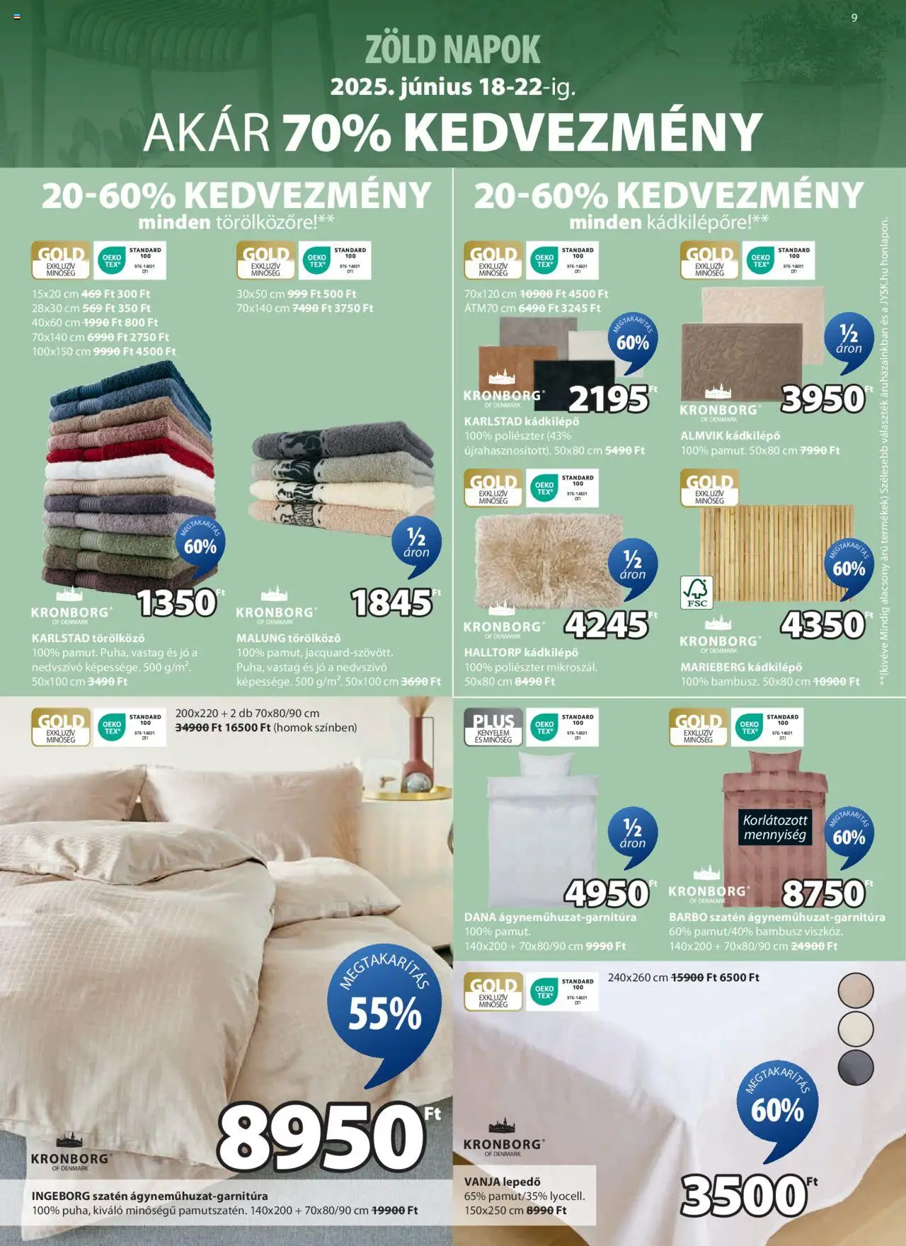 JYSK akciós ujság - amely érvényes a következő dátumtól: 18.06.2025 | Oldal: 9 | Termékek: Törölköző, Lepedő