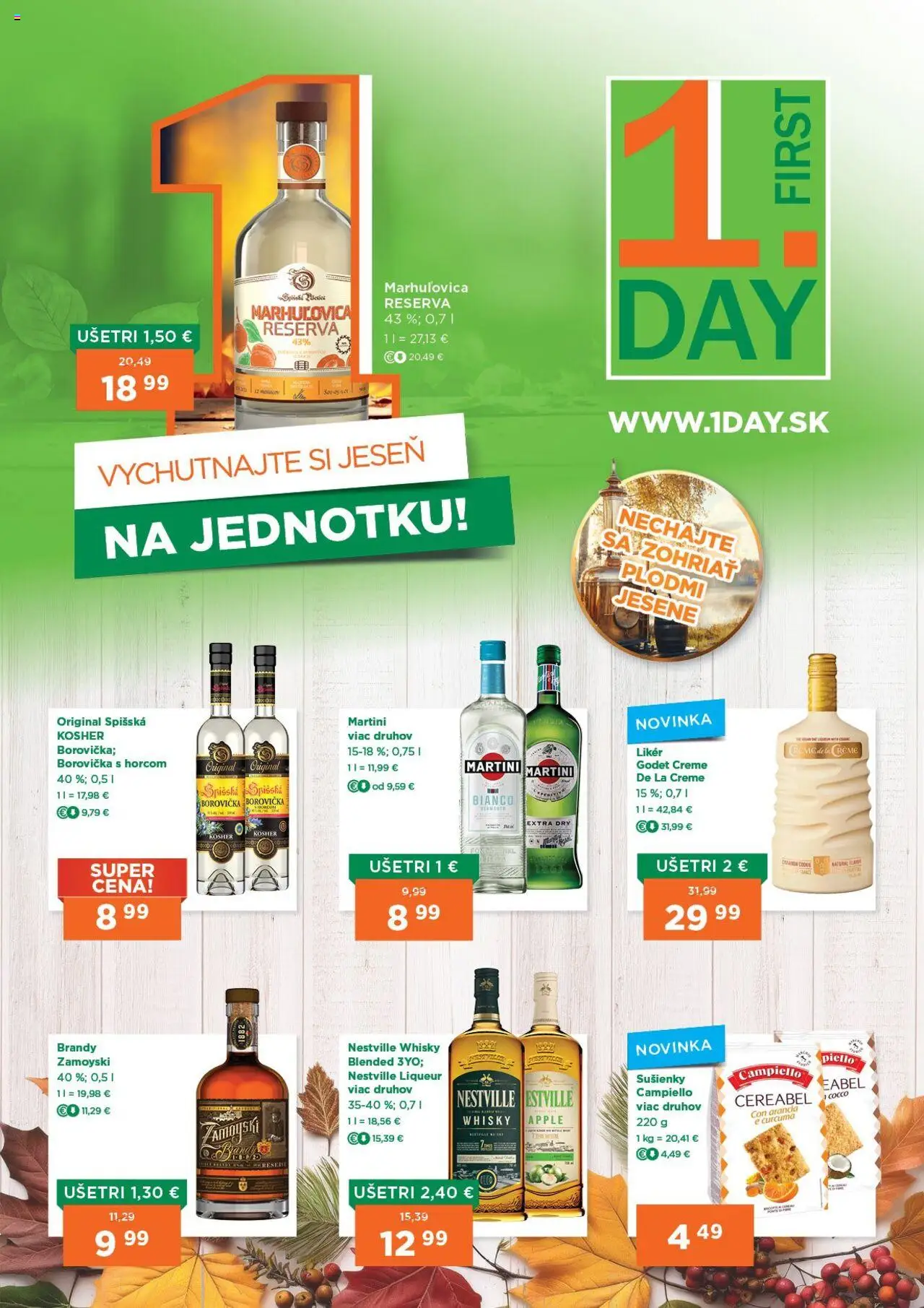 Nové 1day akcie – leták je platný od 09.10.2025 | Strana: 1 | Produkty: Borovička, Apple, Brandy, Whisky