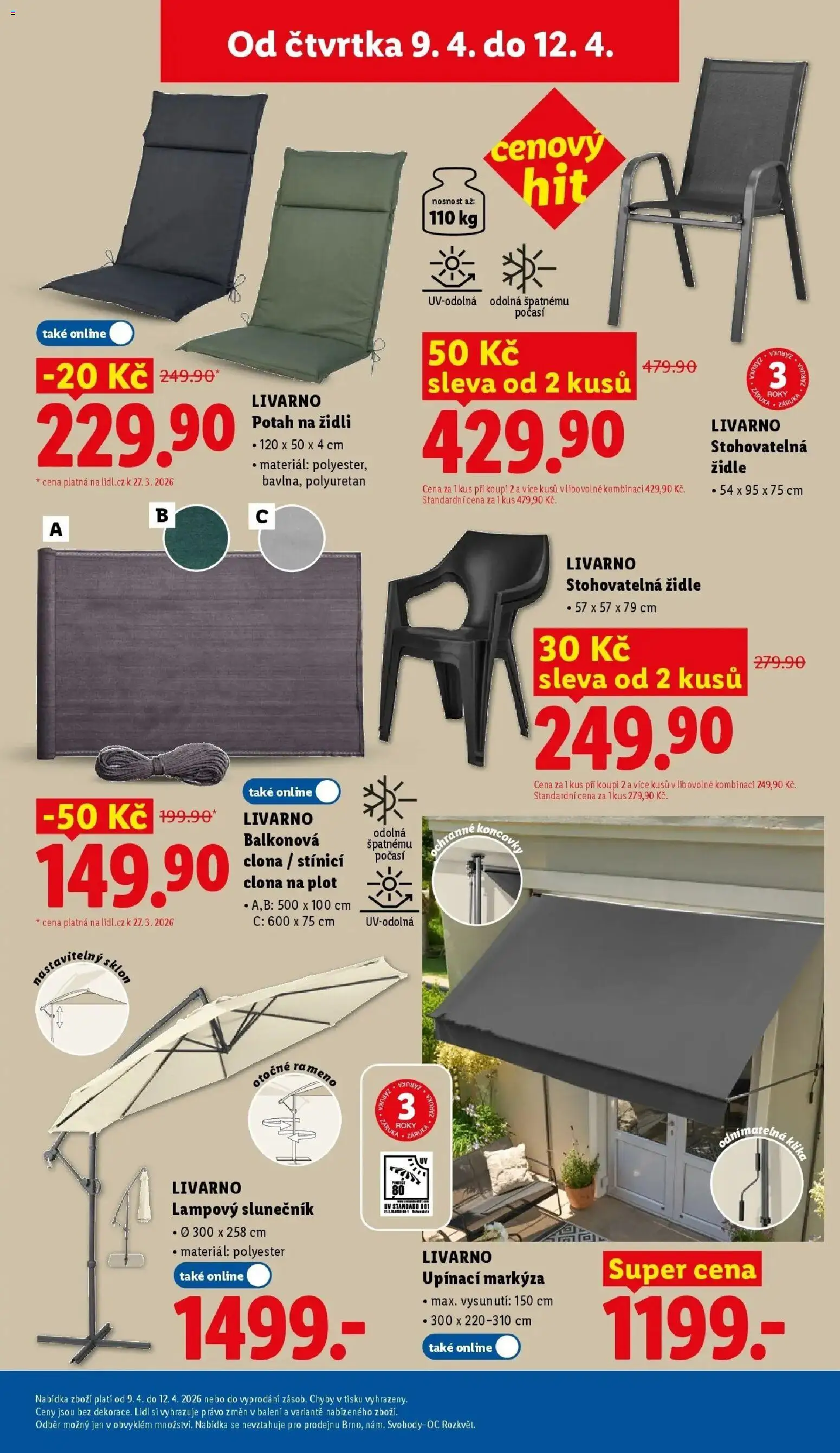 Lidl aktuální leták od 09.04.2026 | Strana: 29 | Produkty: Židle, Potah na židli, Slunečník, Markýza