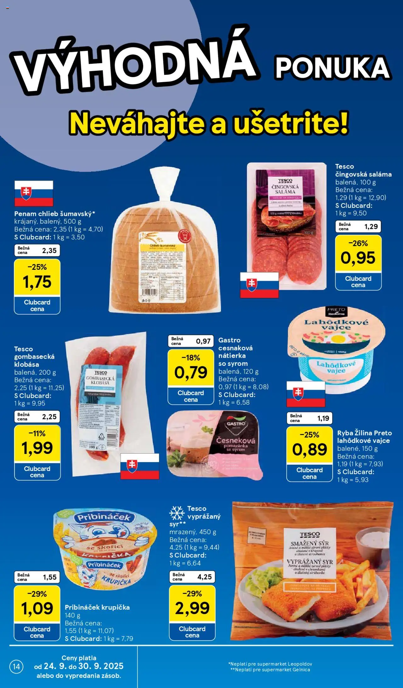 Nové Tesco akcie – leták je platný od 24.09.2025 | Strana: 14 | Produkty: Syr, Saláma, Klobása, Ryba
