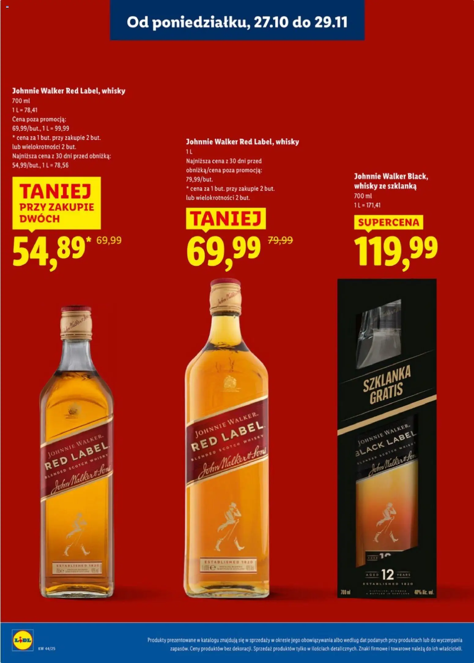 Lidl Katalog alkoholi mocnych od 27.10.2025 | Strona: 9 | Produkty: Szklanka, Red label, Black Label, Whisky