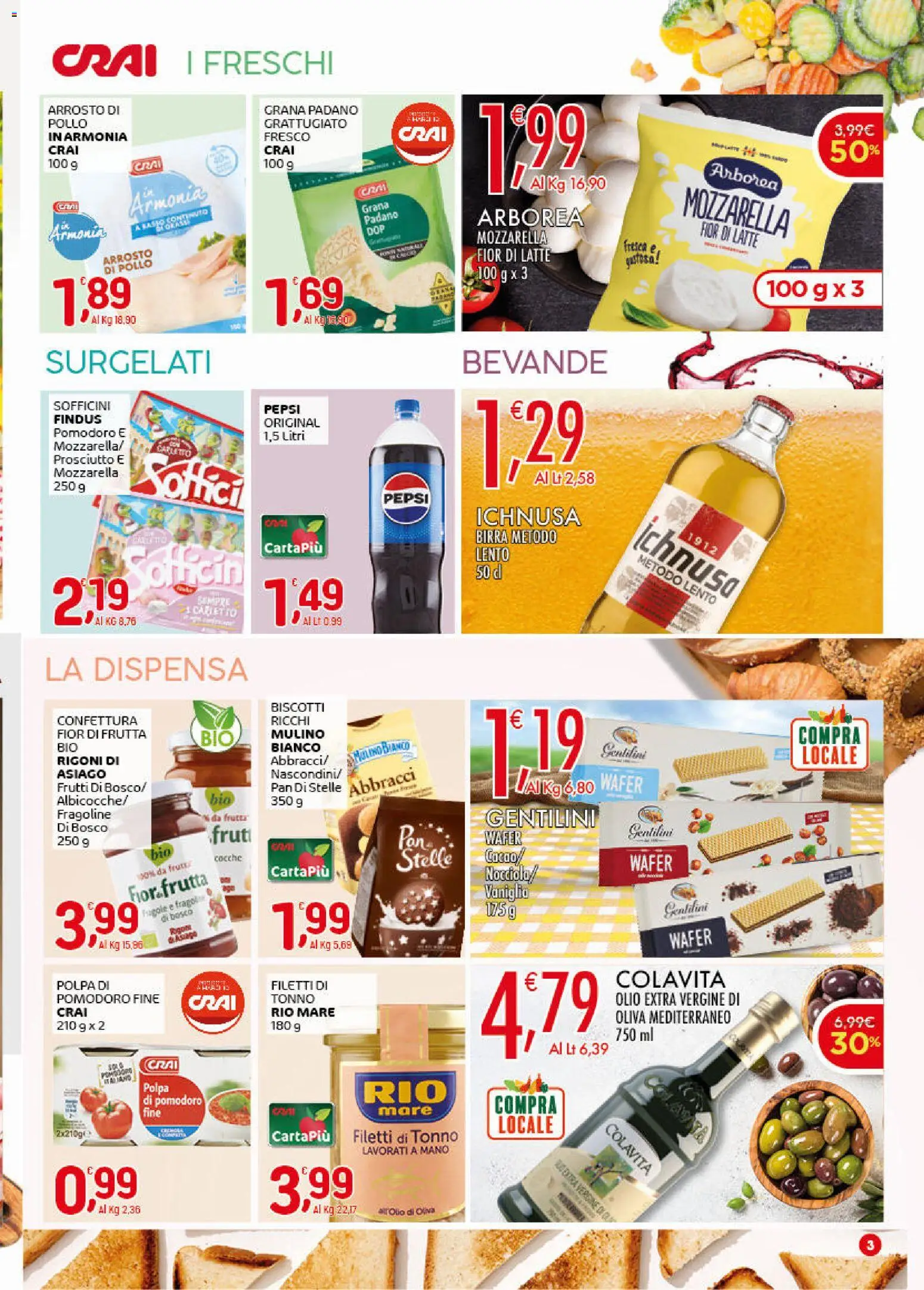 Volantino CRAI del 16.04.2026 | Pagina: 3 | Prodotti: Mozzarella, Pomodoro, Prosciutto, Pepsi