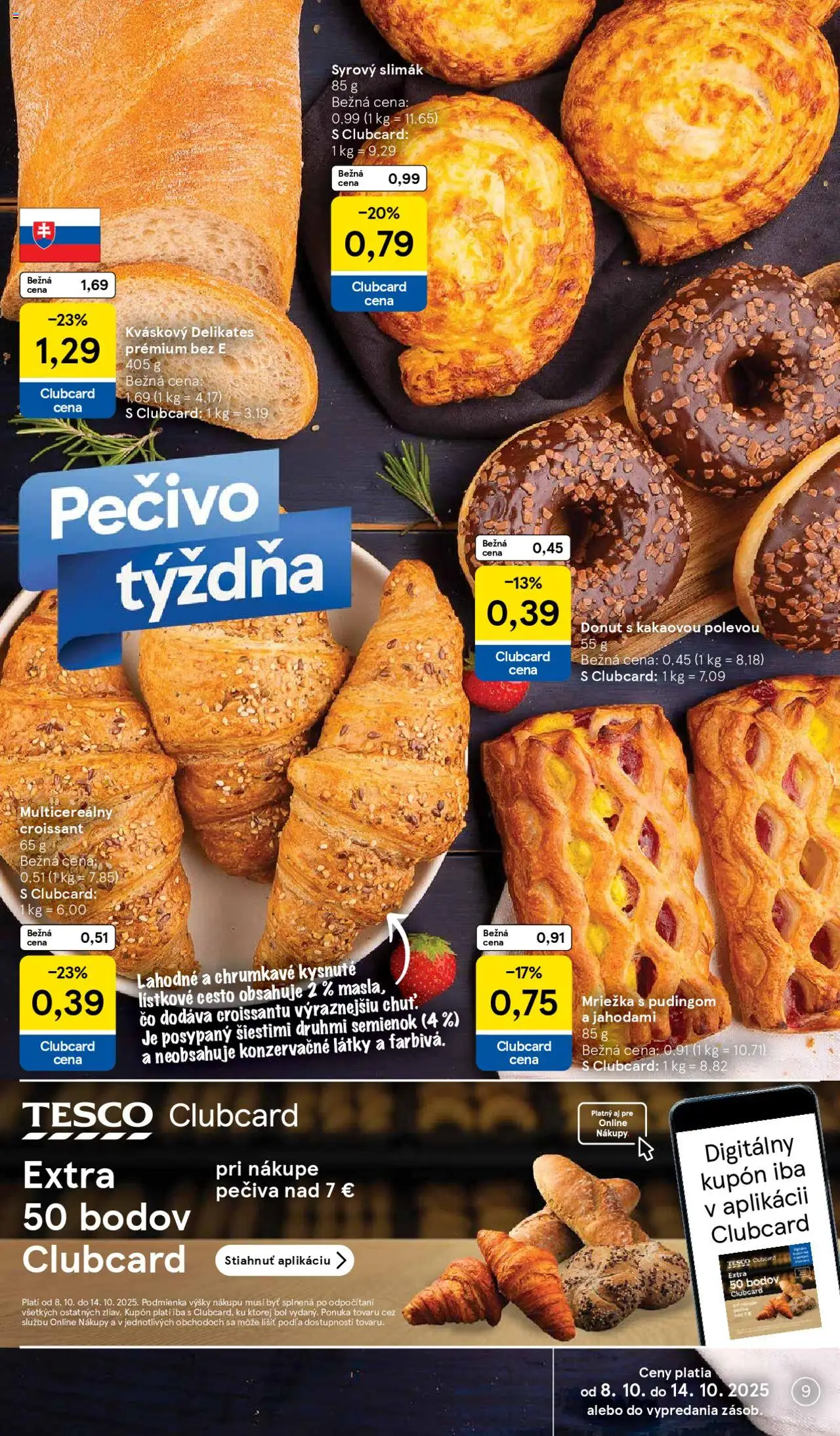 Nové Tesco akcie – leták je platný od 08.10.2025 | Strana: 9 | Produkty: Donut, Croissant, Lístkové cesto
