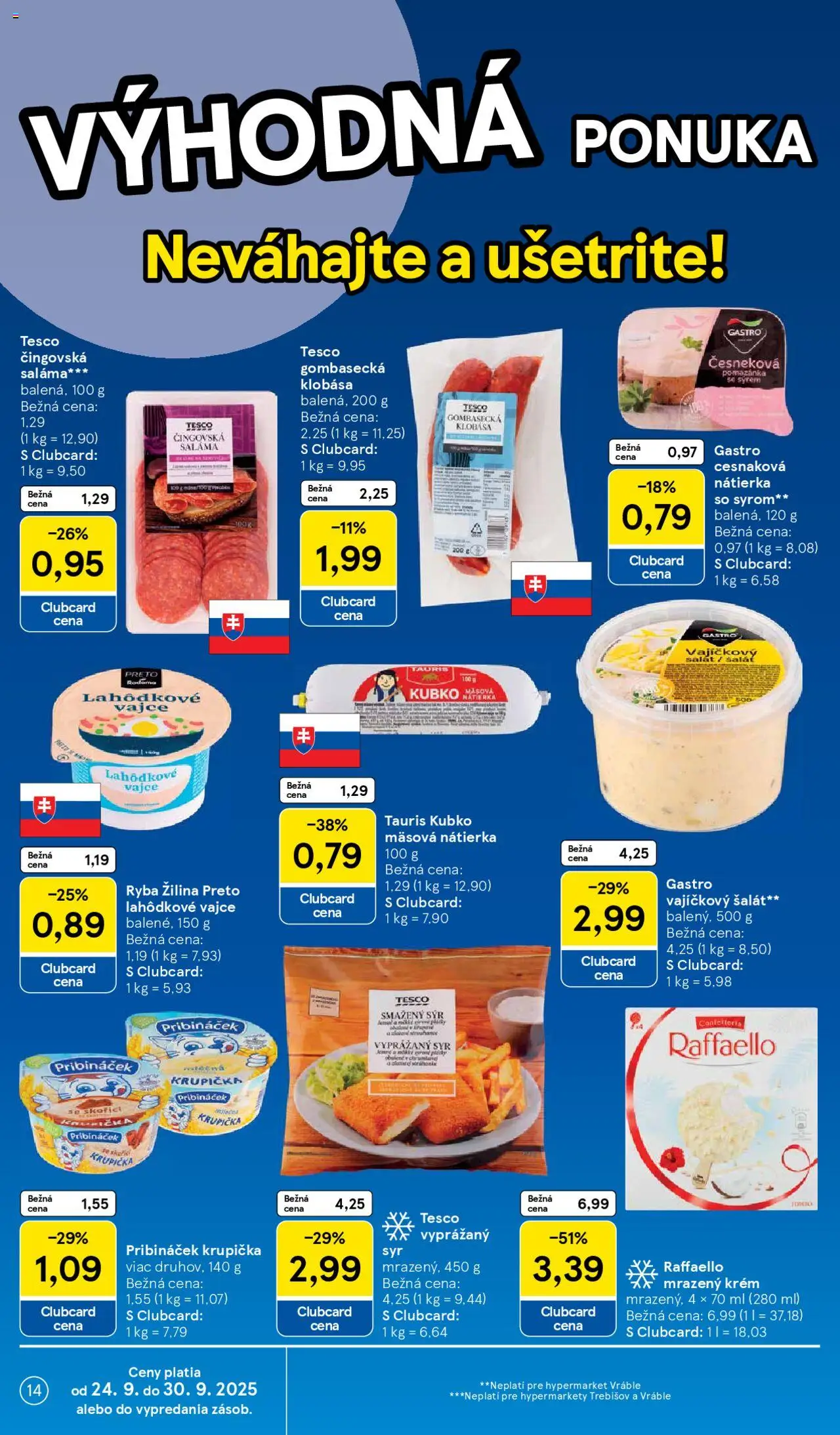 Nové Tesco akcie – leták je platný od 24.09.2025 | Strana: 14 | Produkty: Syr, Ryba, Krém, Šalát