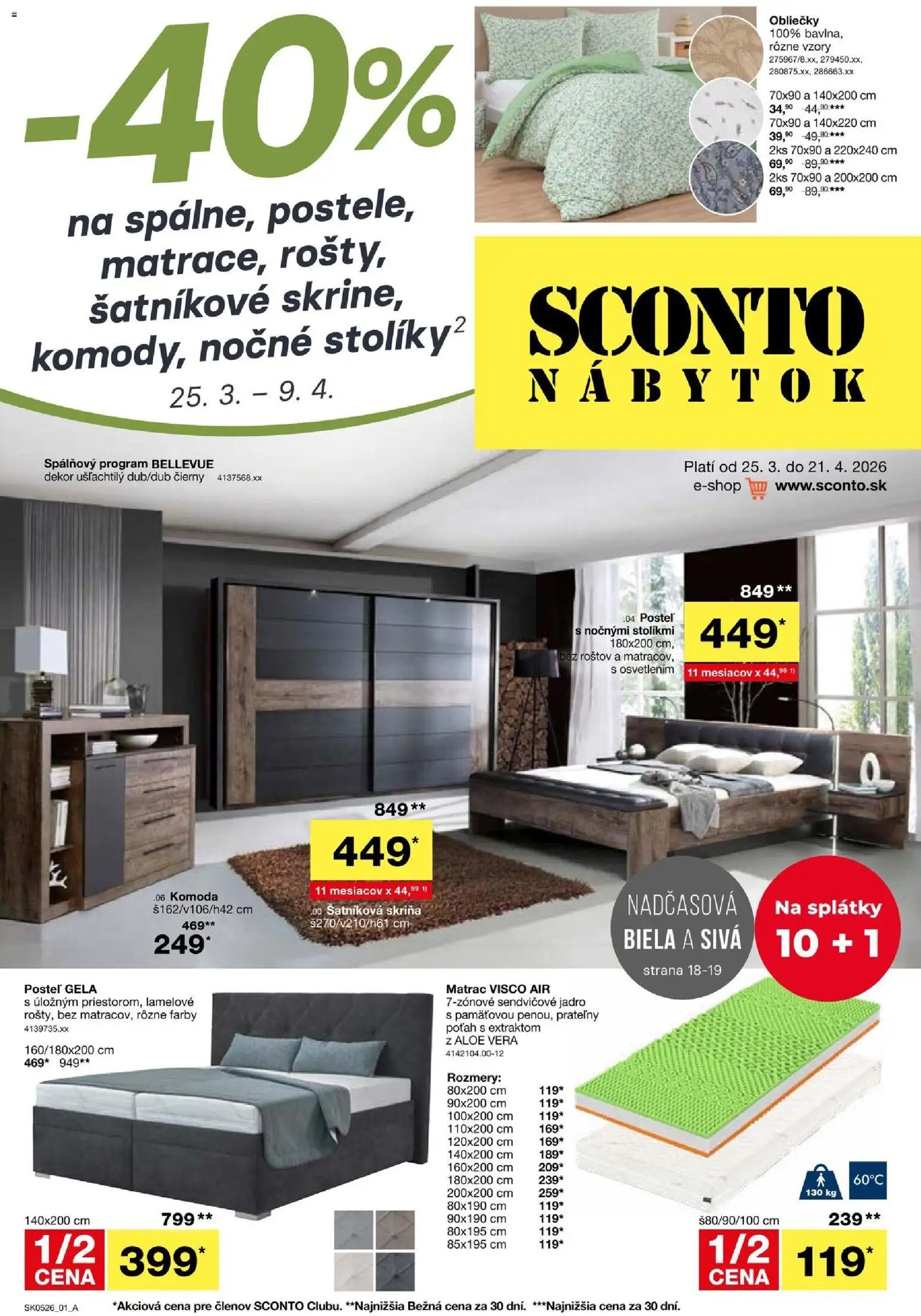 Nové Sconto nábytok akcie – leták je platný od 25.03.2026 | Strana: 1 | Produkty: Nábytok, Matrac, Posteľ, Obliečky