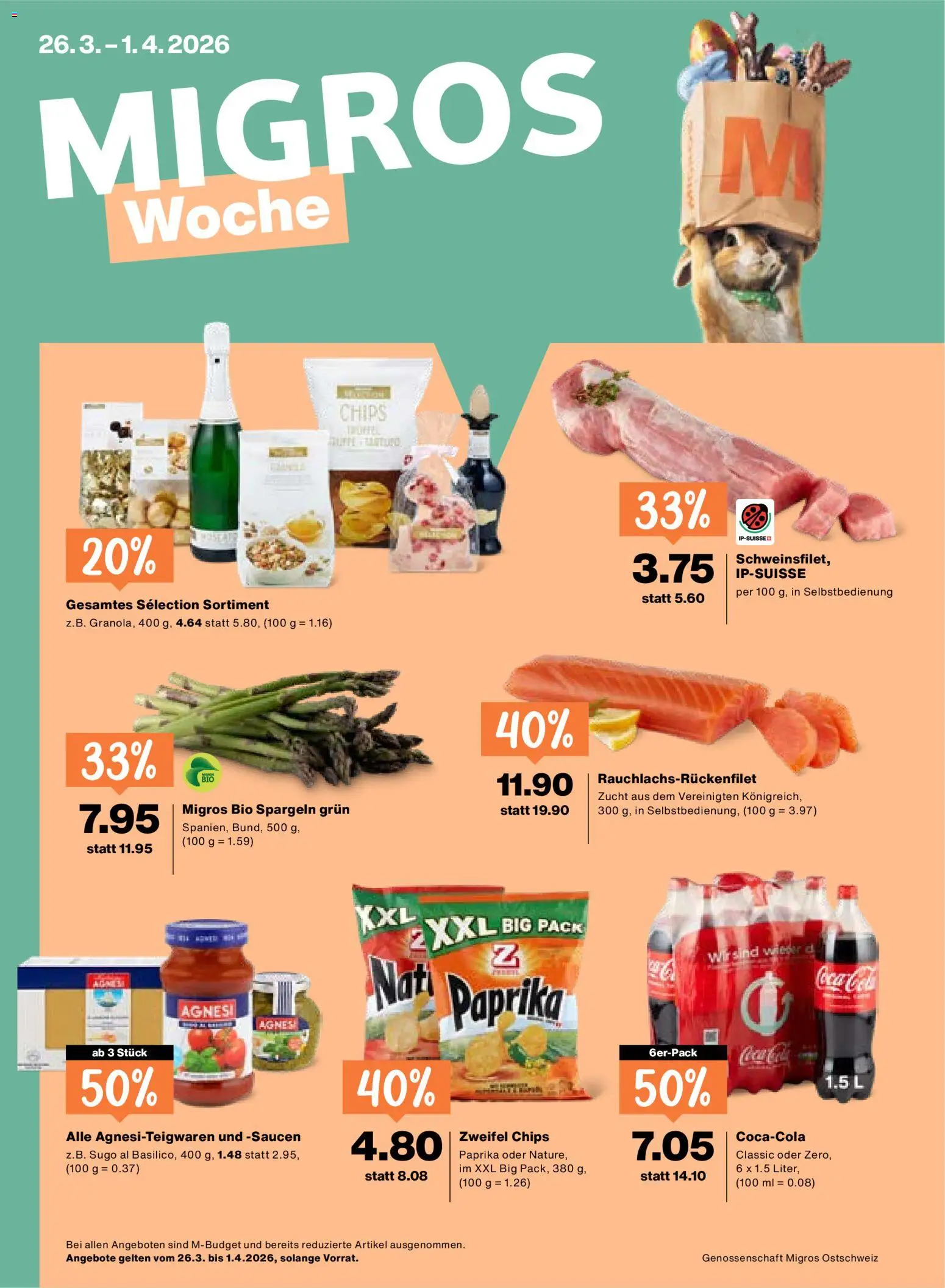 Migros aktionen – gültig ab 26.03.2026 | Seite: 1 | Produkte: Coca Cola, Pasta, Chips