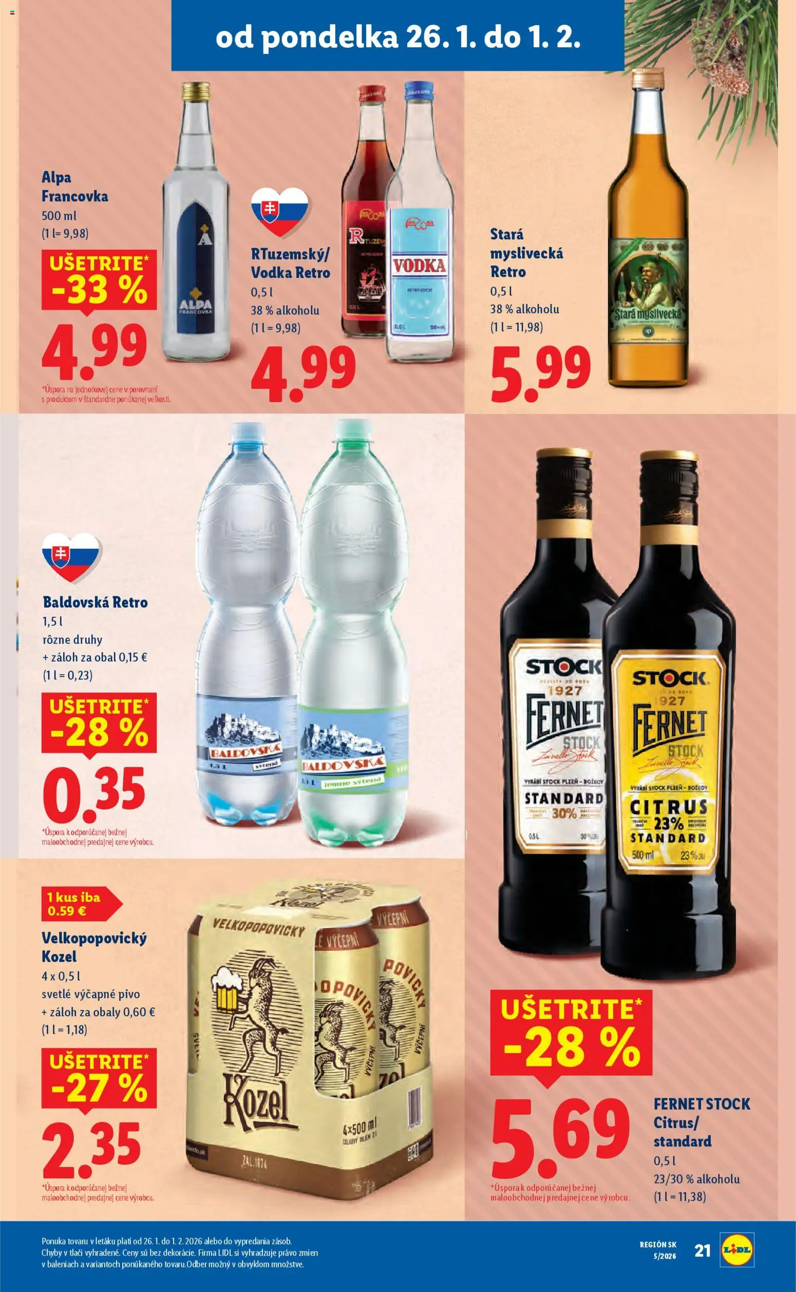 Nové Lidl akcie – leták je platný od 26.01.2026 | Strana: 23 | Produkty: Pivo, Alpa, Vodka, Fernet Stock