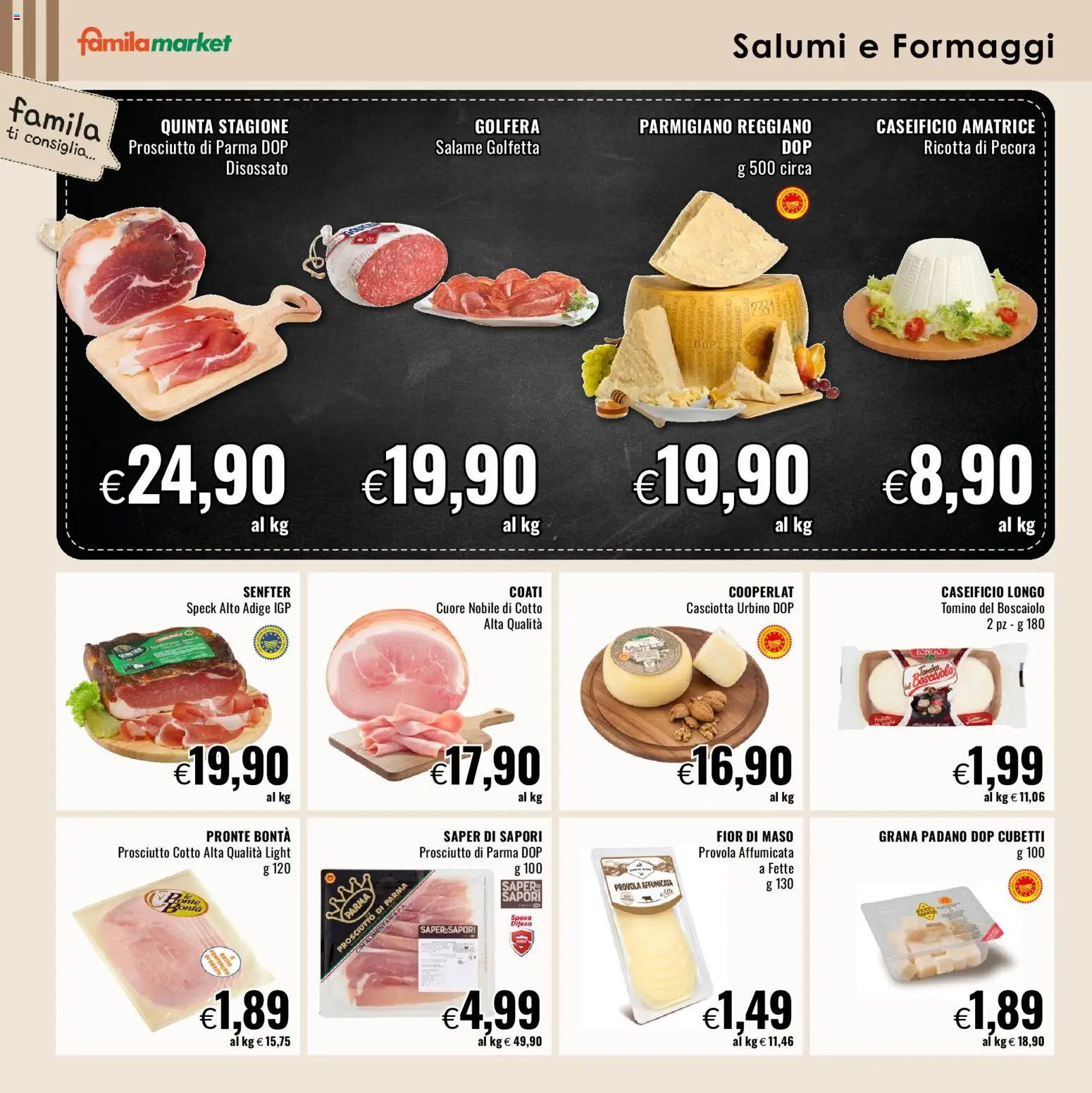 Volantino Famila del 16.03.2026 | Pagina: 4 | Prodotti: Prosciutto Cotto, Grana Padano, Ricotta, Parmigiano reggiano