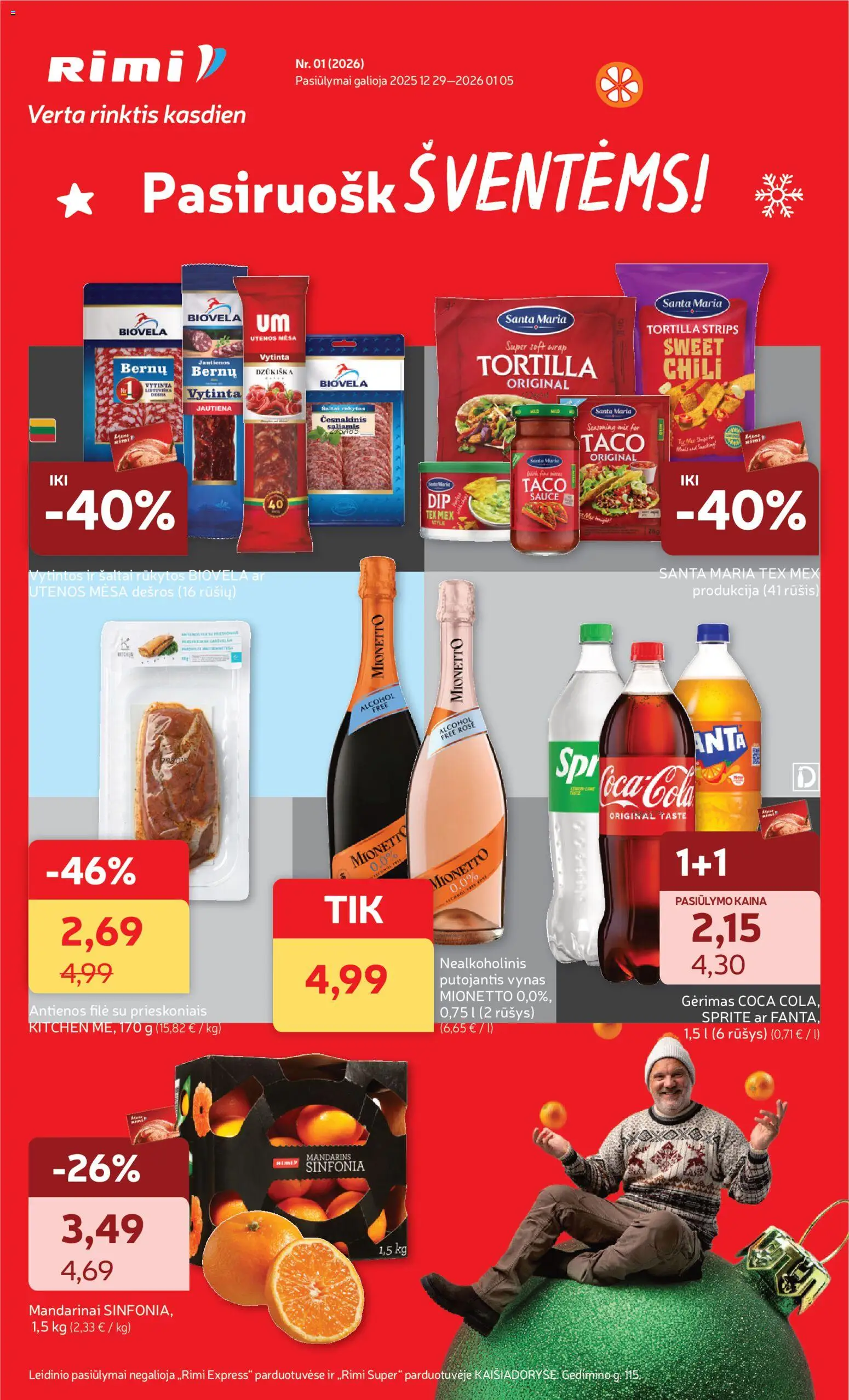 Rimi akcijos nuo 29.12.2025 | Puslapis: 1 | Prekių: Saliamis, Vynas, Jautiena, Mandarinai