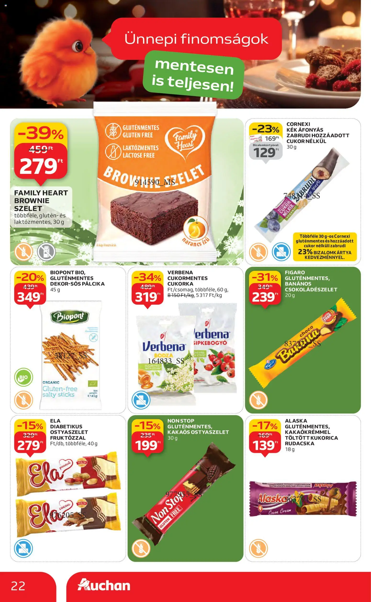 Auchan akciós ujság - amely érvényes a következő dátumtól: 27.11.2025 | Oldal: 22 | Termékek: Ostyaszelet, Narancs, Vegán, Brownie