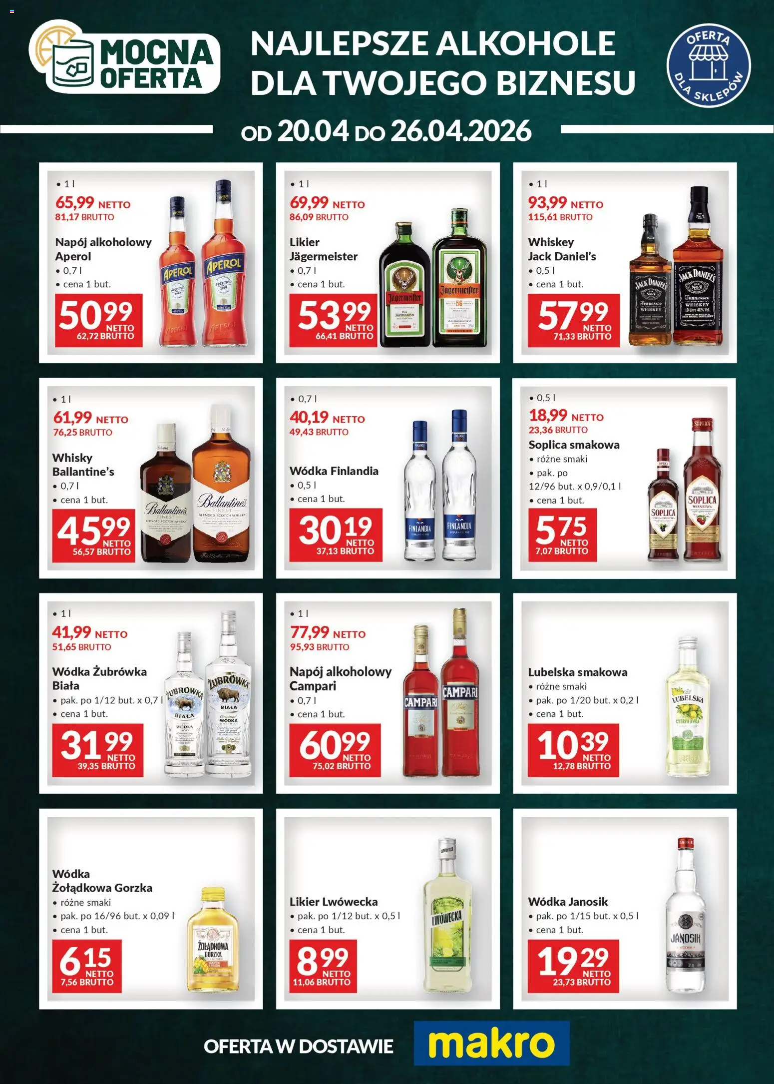 Makro gazetka - Mocna oferta od 20.04.2026 | Strona: 1 | Produkty: Wódka finlandia, Jagermeister, Whisky, Aperol